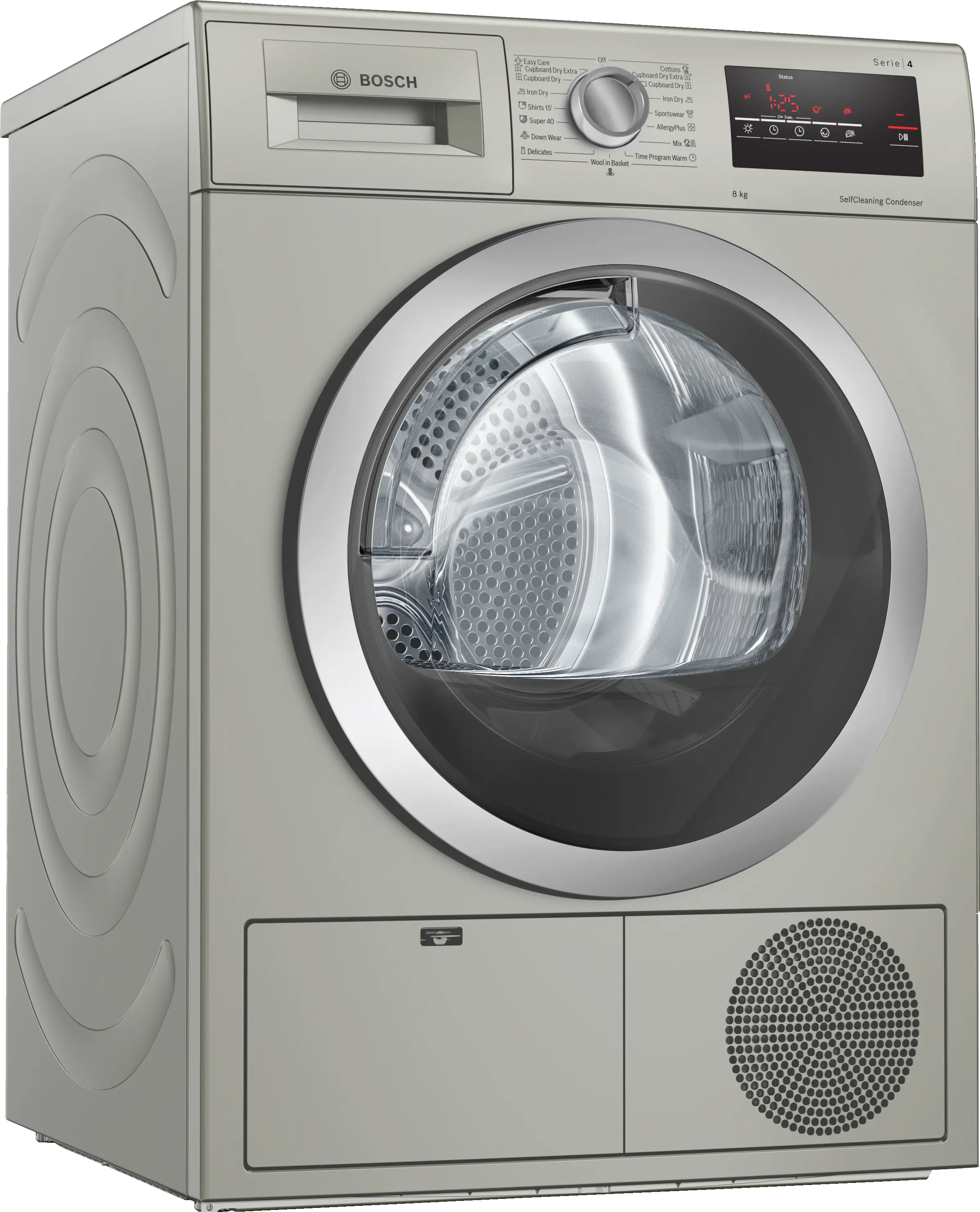 Bosch WTN8543SME condenser tumble dryer in silver inox - front view