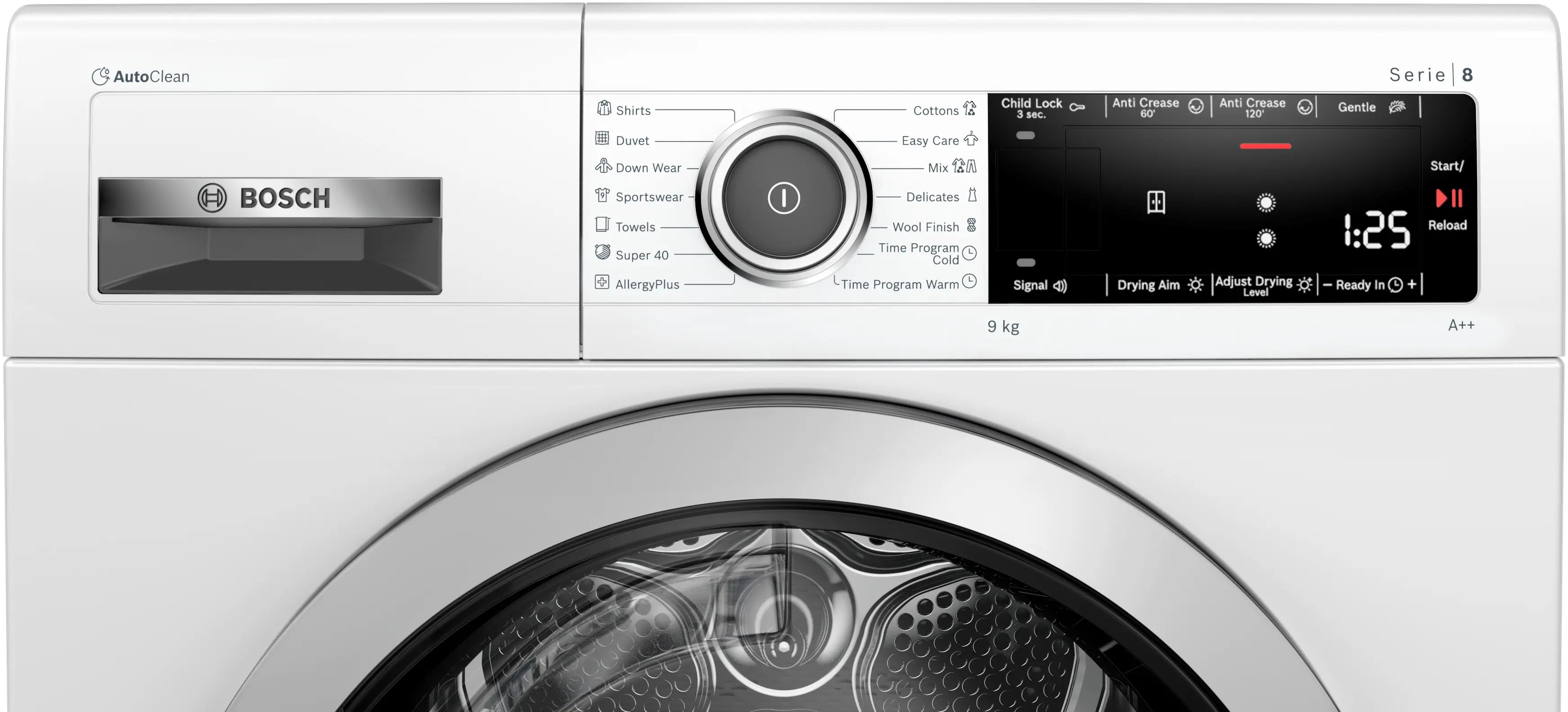 Bosch WTX87M90ME heat pump tumble dryer in white - angled front view