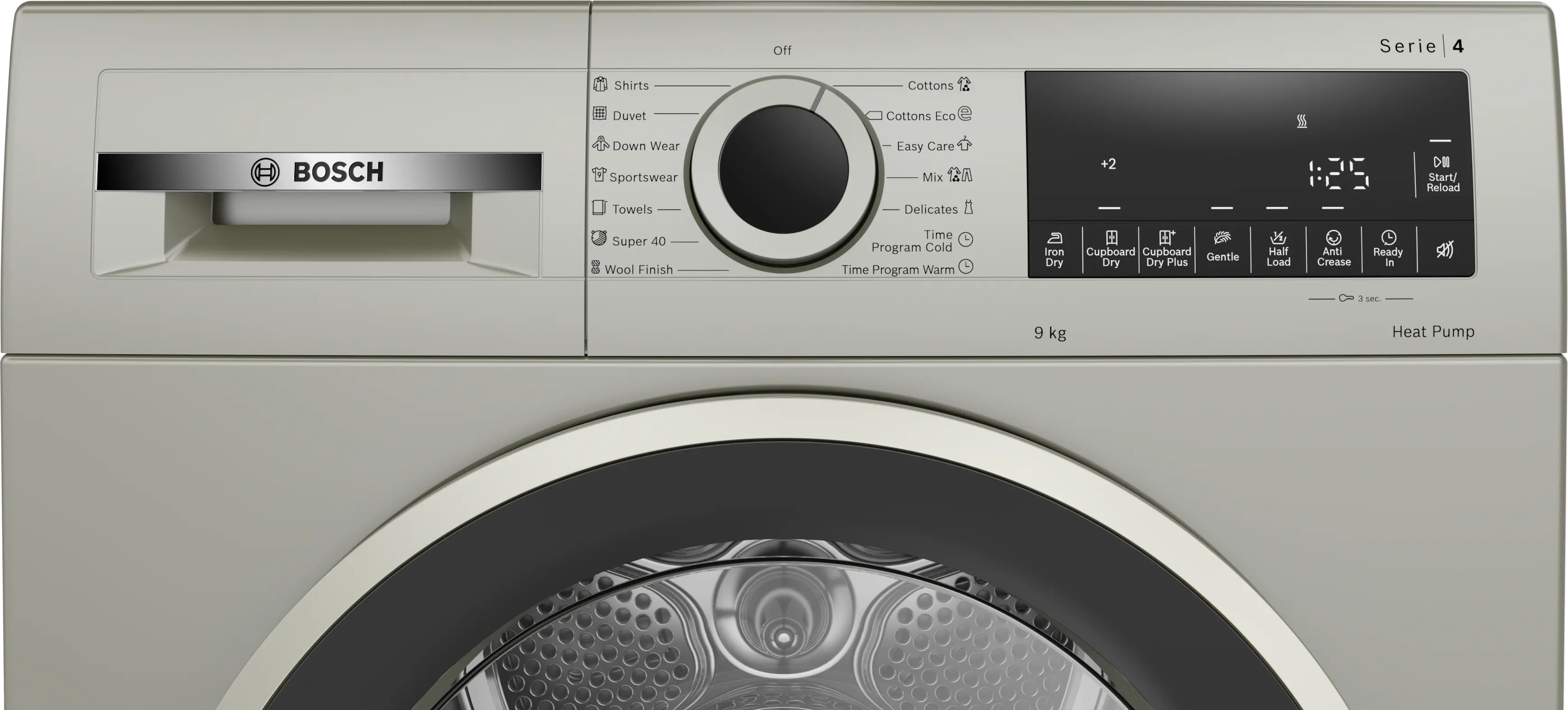 Bosch WQG1420XME heat pump tumble dryer in silver inox - side view