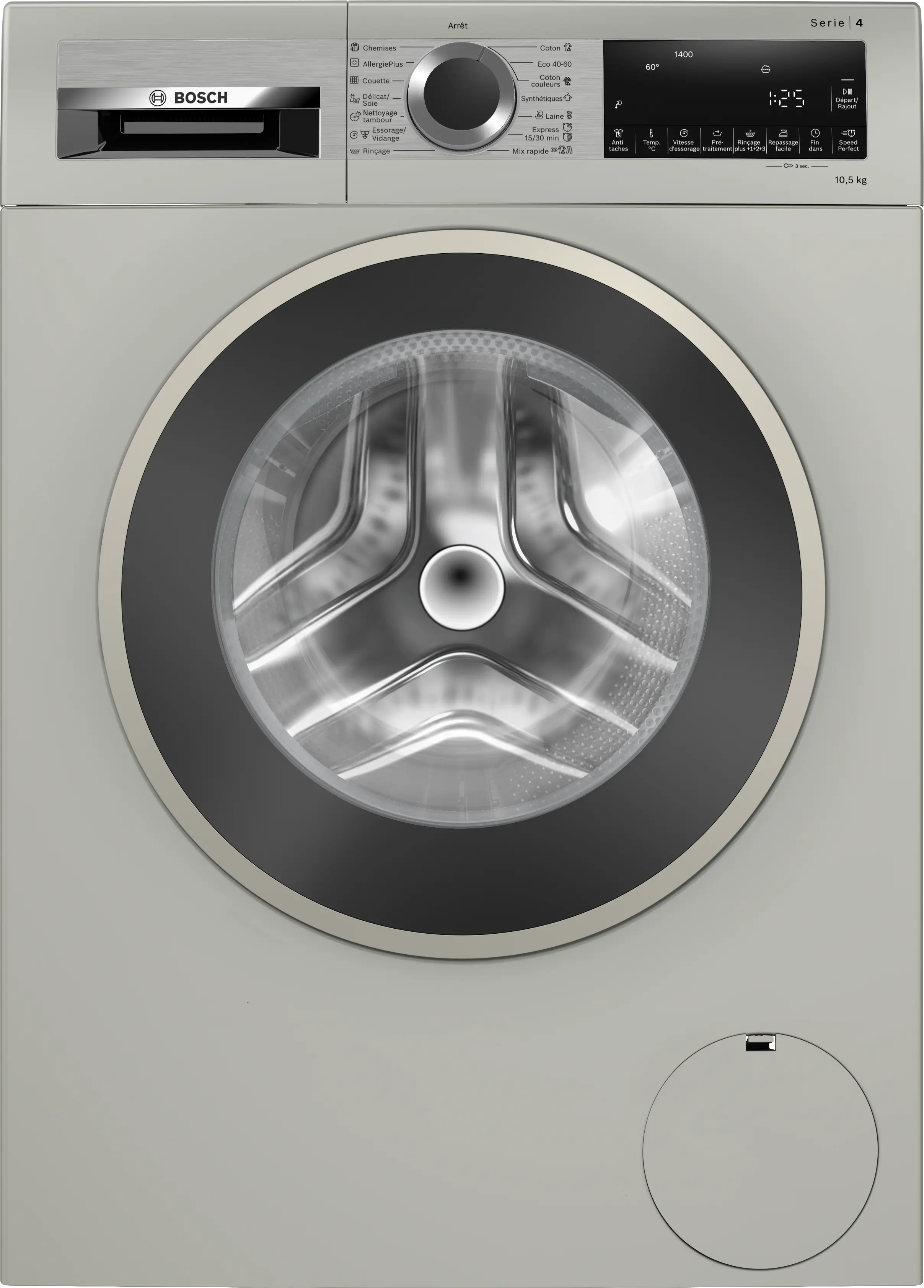 Bosch WGA254XVDZ front-loading washing machine in silver inox - angled front view