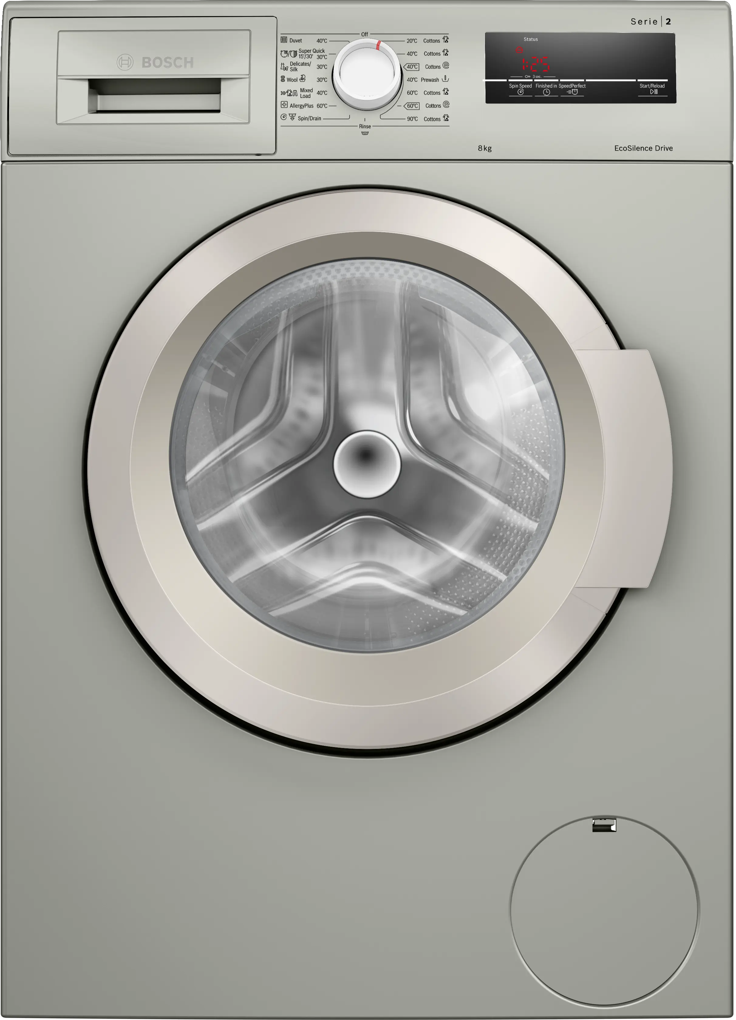 Bosch WAJ2018SME front-loading washing machine in silver inox - angled front view