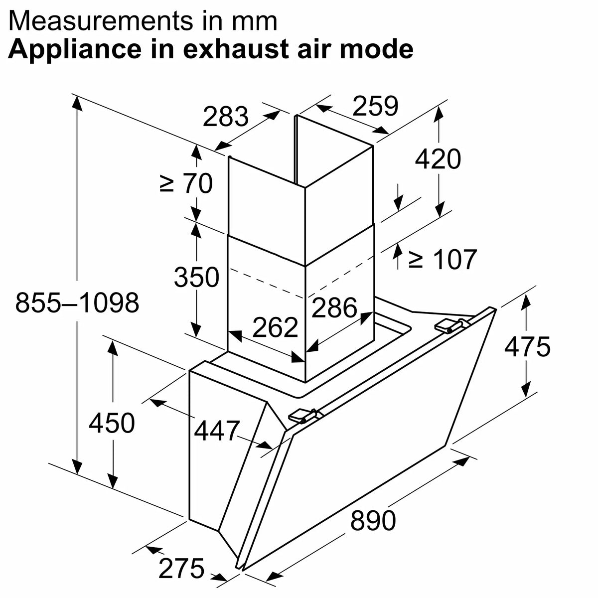 Bosch DWK91LT65 90 cm cooker hood exhaust installation perspective diagram