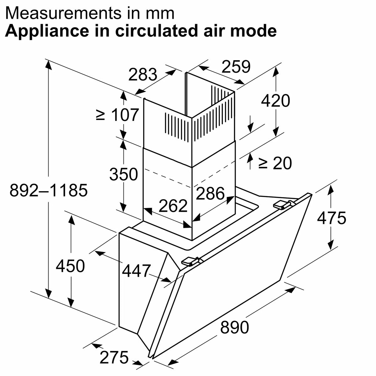 Bosch DWK91LT65 90 cm cooker hood recirculation installation diagram with chimney