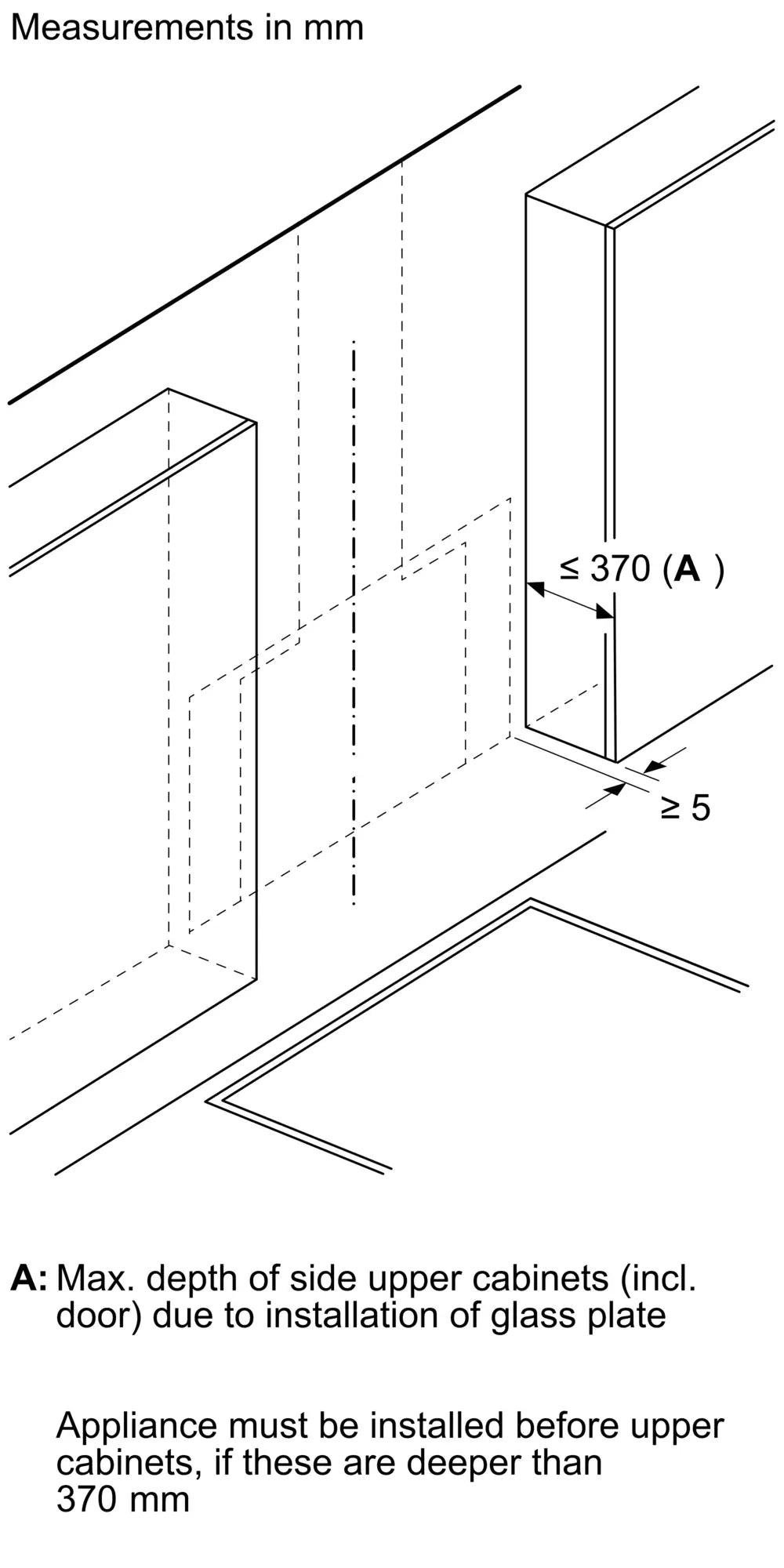 Bosch DWK91LT65 inclined cooker hood upper cabinet depth installation diagram
