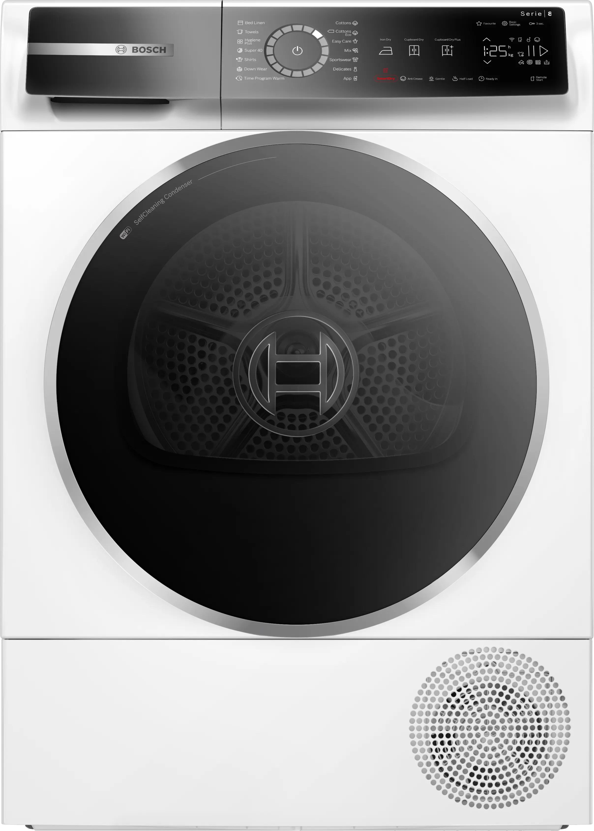 Bosch WQB245B0ME Series 8 9 kg heat pump tumble dryer in white, front view