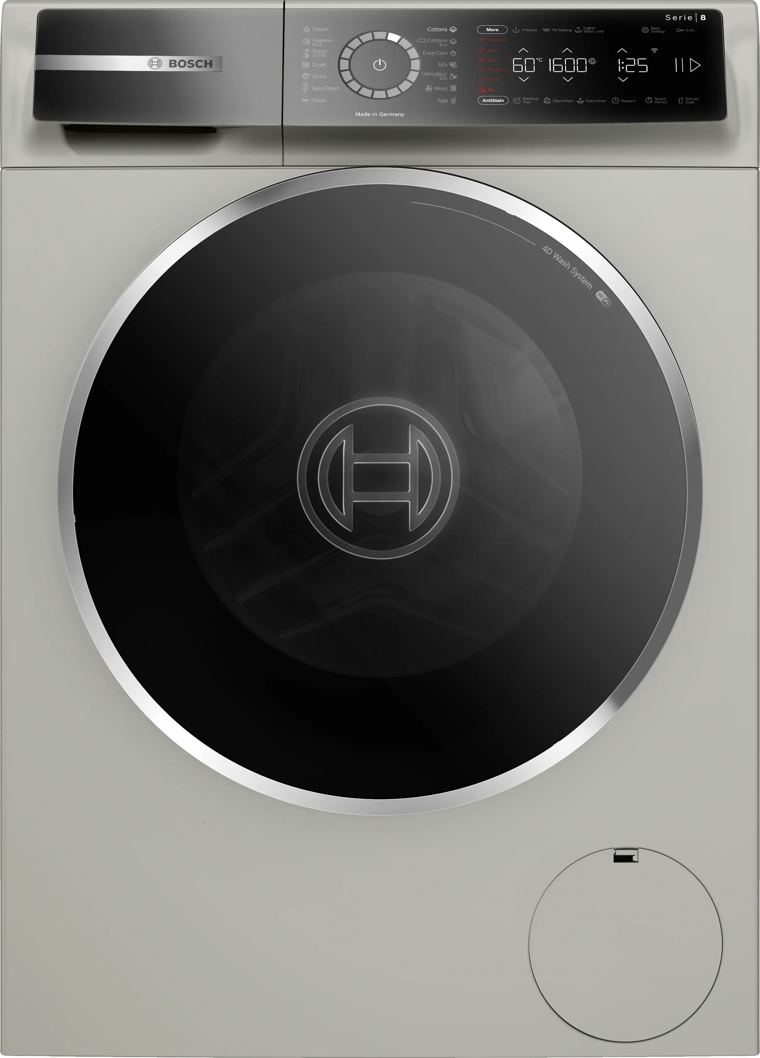 Bosch WGB2560XME front-loading washing machine in silver inox - front view