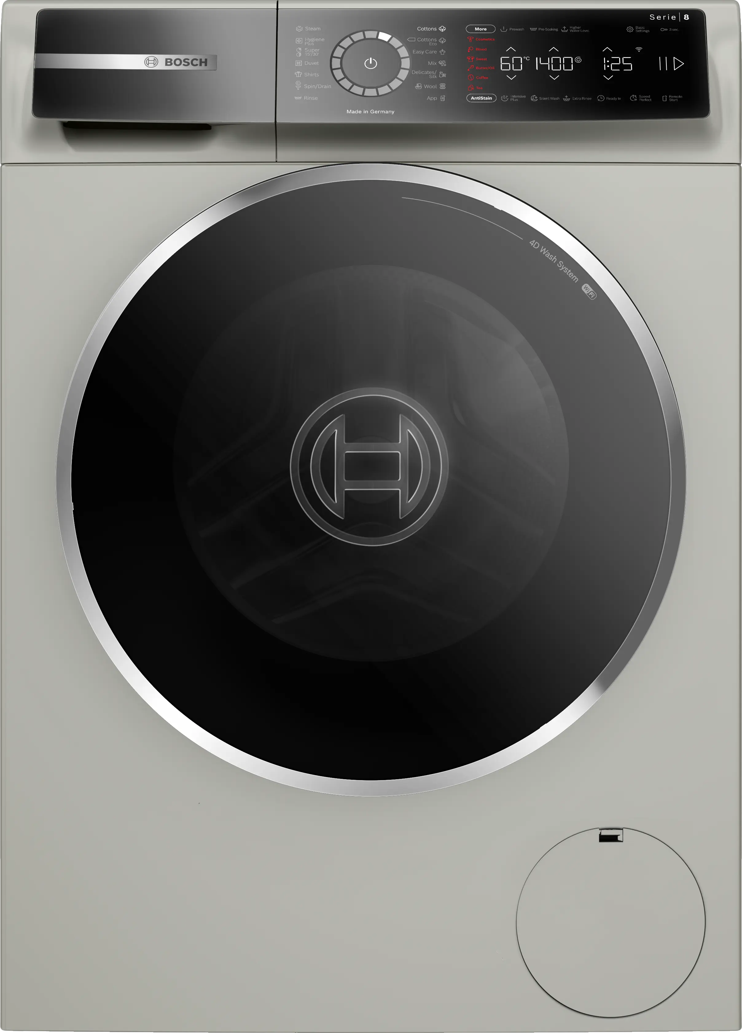 Bosch WGB2440XME front-loading washing machine in silver inox - front view
