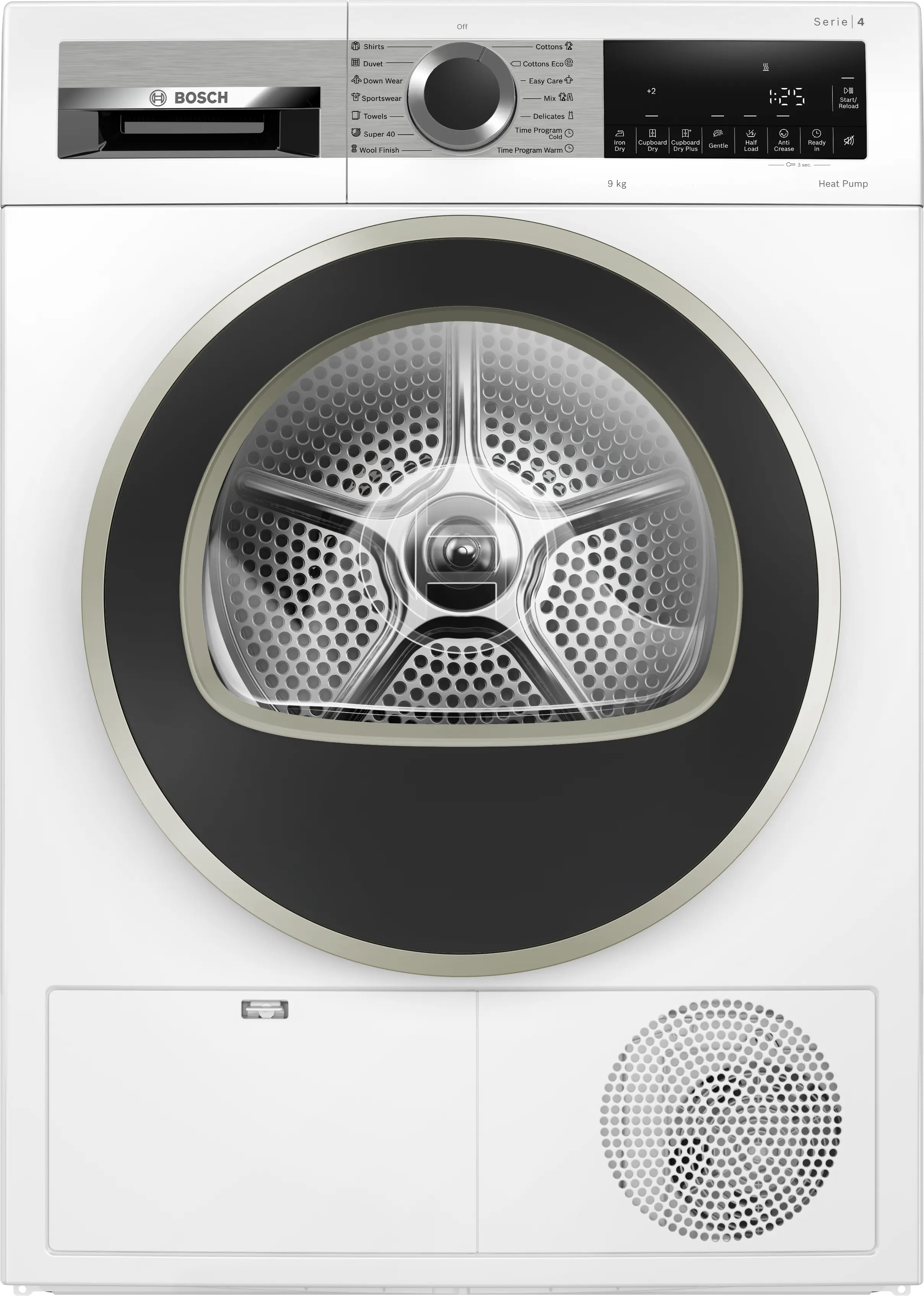 Bosch WQG1420AME heat pump tumble dryer in white - front view