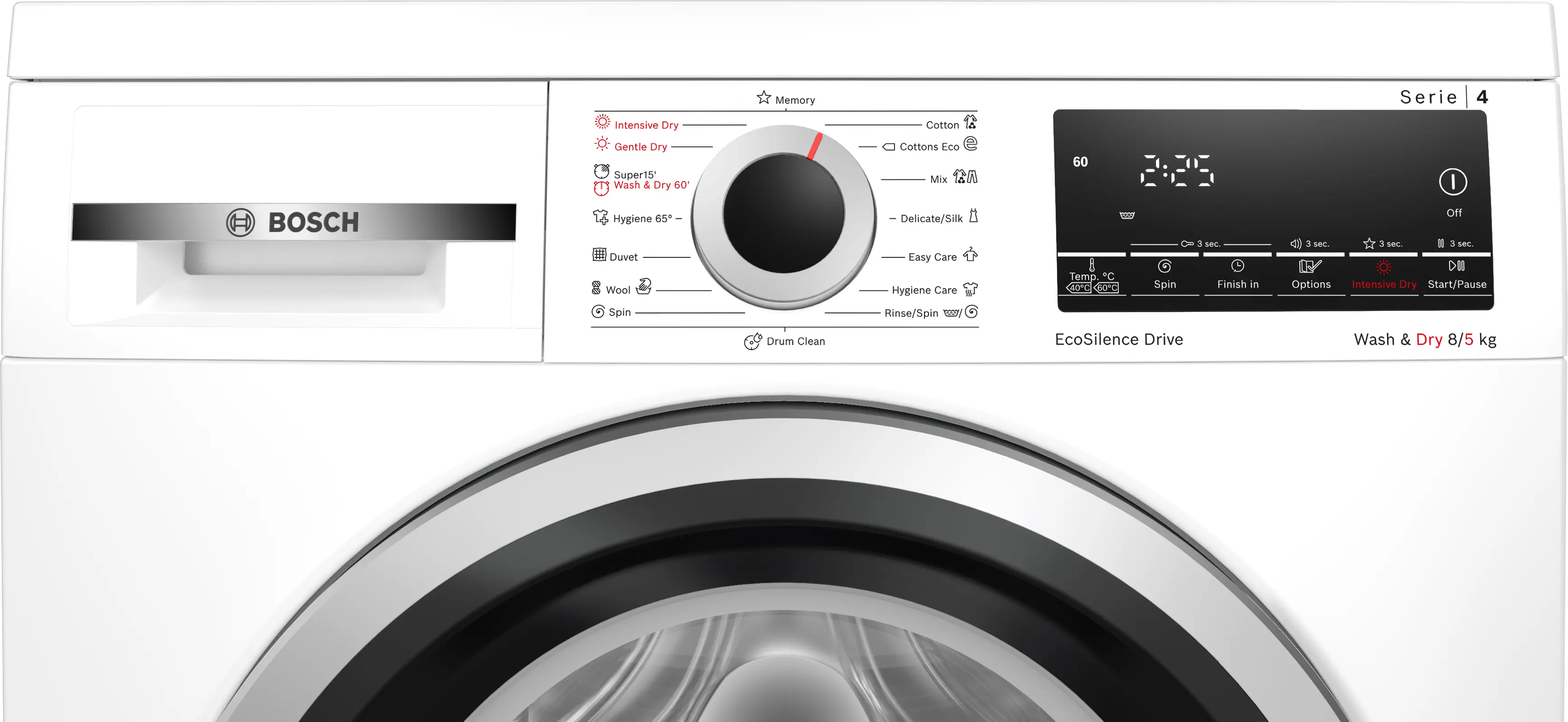 Bosch WDS28460ME front-loading washer-dryer in white - side view