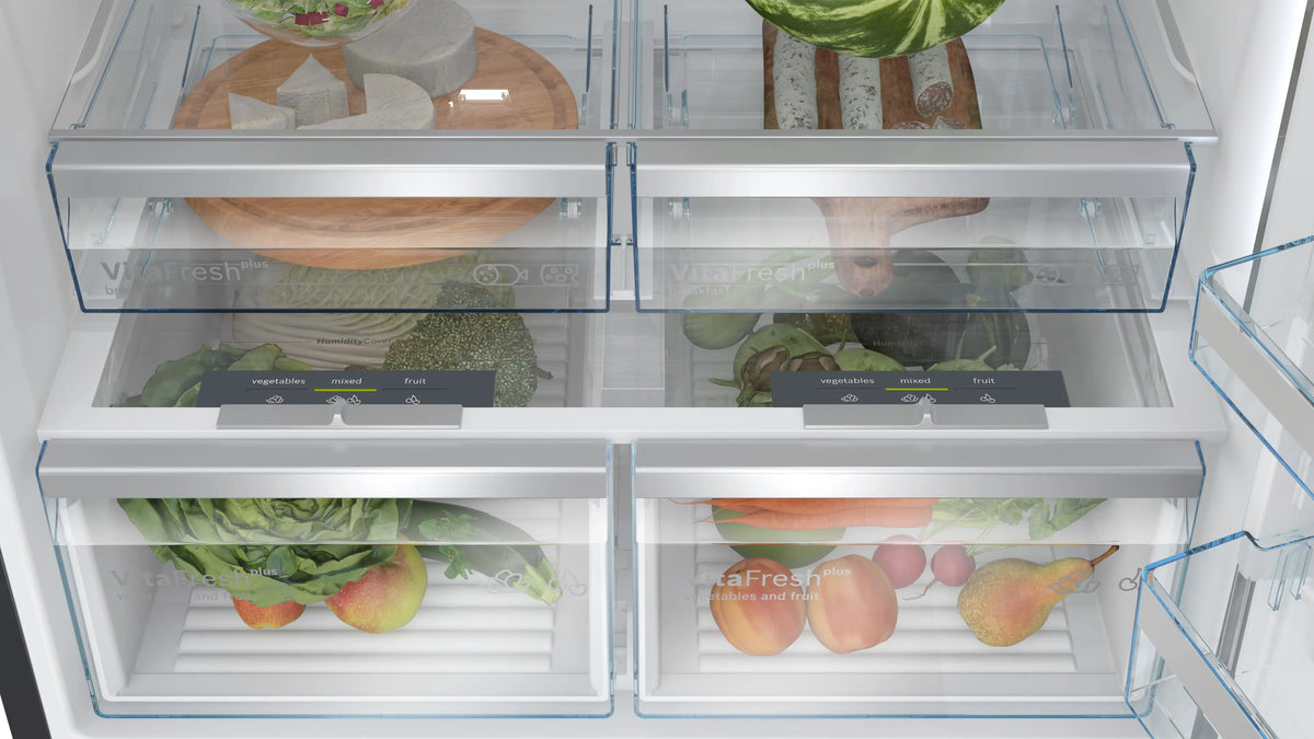 Bosch KGP86AXB0N Series 8 fridge-freezer side and front product detail in Black Inox