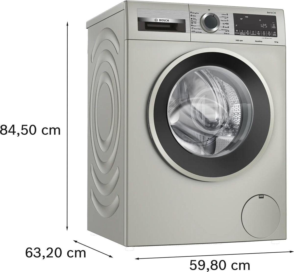 Bosch WGA2540XME three-quarter dimension diagram with height, width and depth measurements