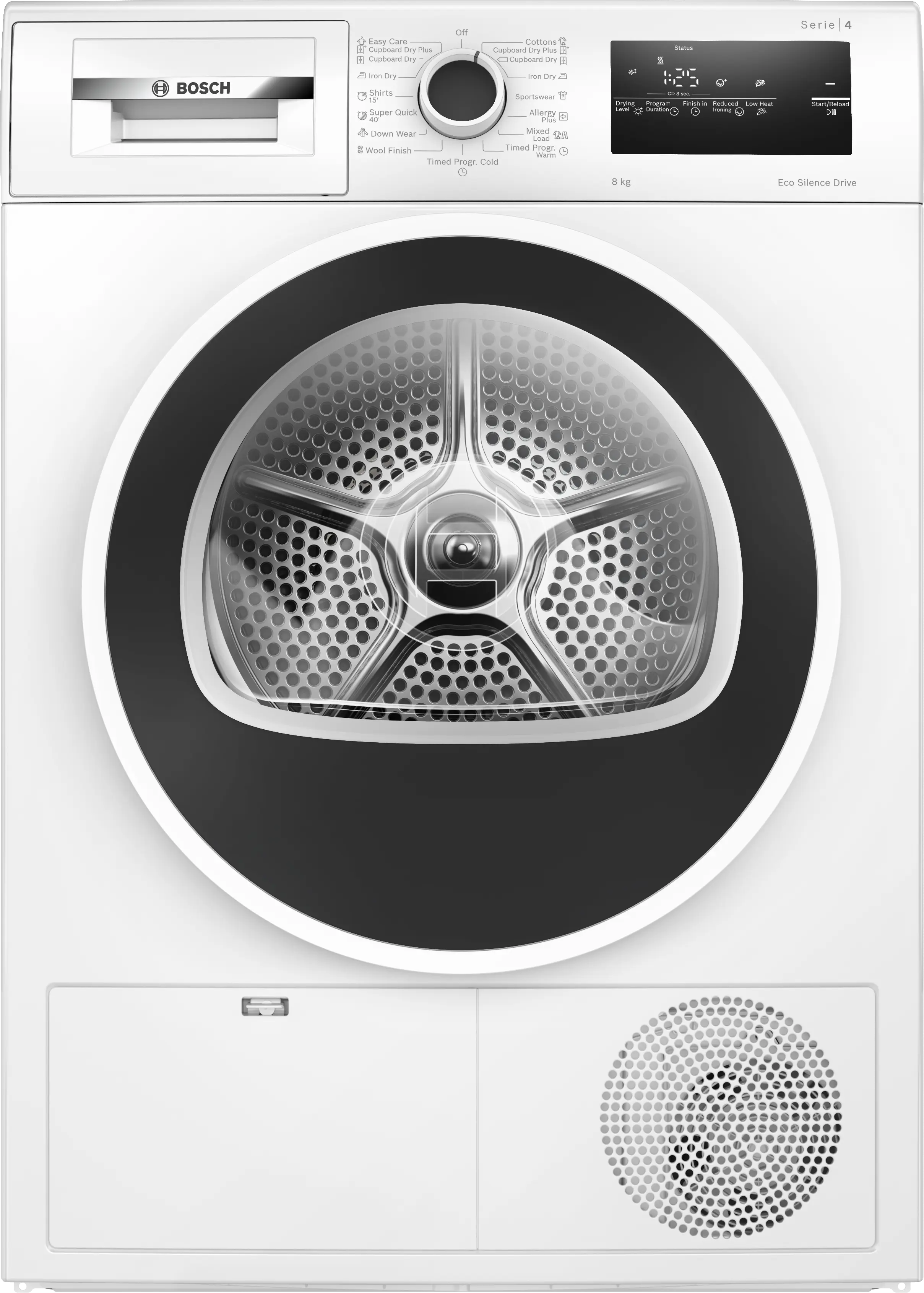 Bosch WTN86211ME Series 4 8 kg condenser tumble dryer in white, front view with EcoSilence Drive