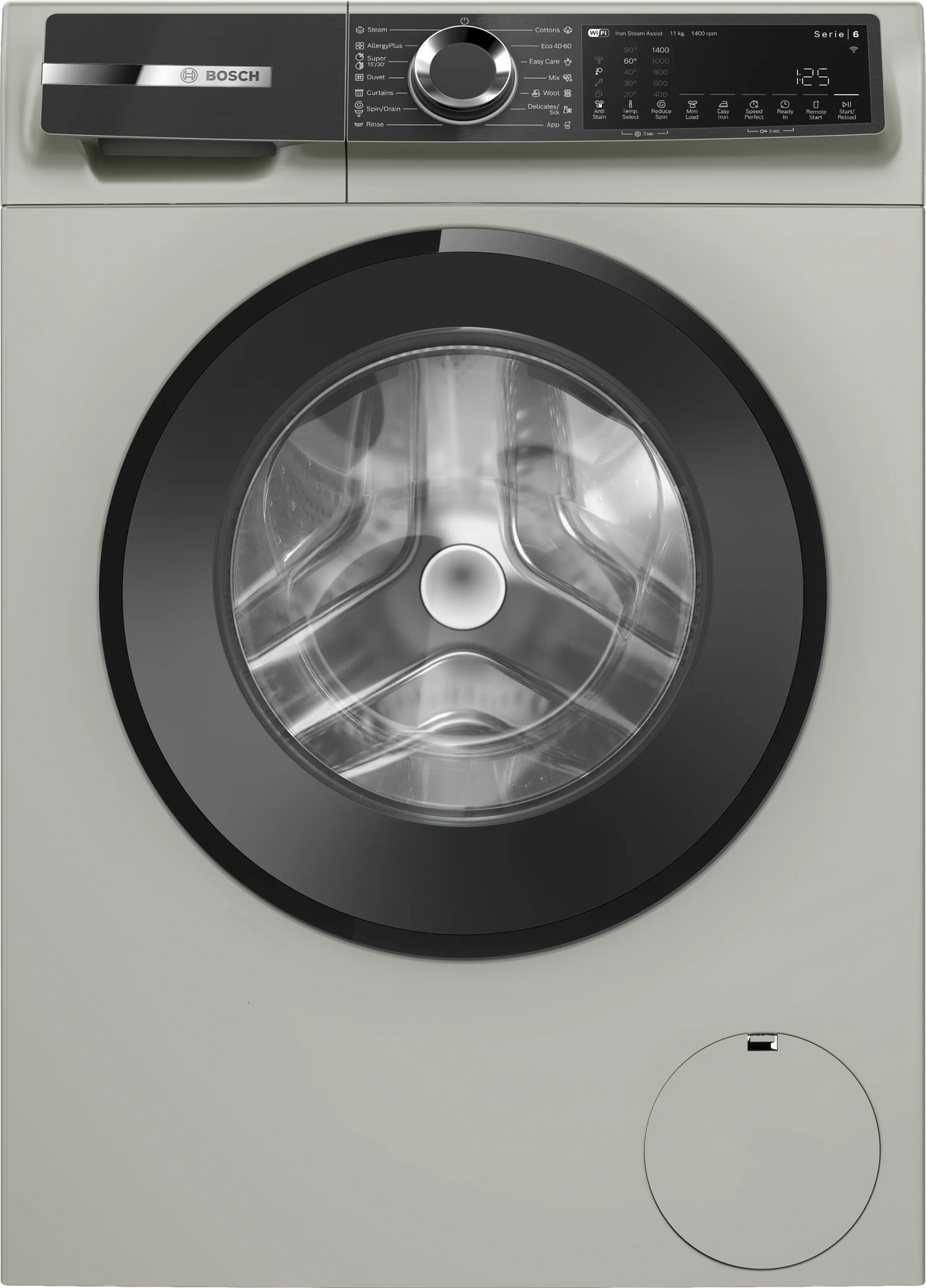 Bosch WGK264ZXME Series 6 11 kg front-loading washing machine 1400 rpm Silver Inox front view