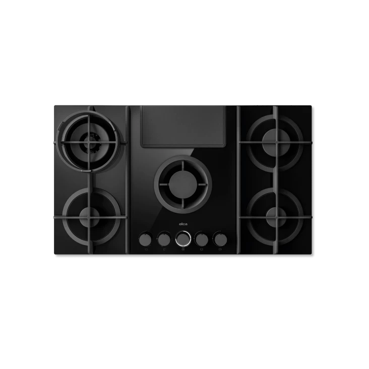 Elica NIKOLATESLA FLAME BL 90cm gas hob with integrated extractor in black glass at Tahboub Appliances Jordan - view 2