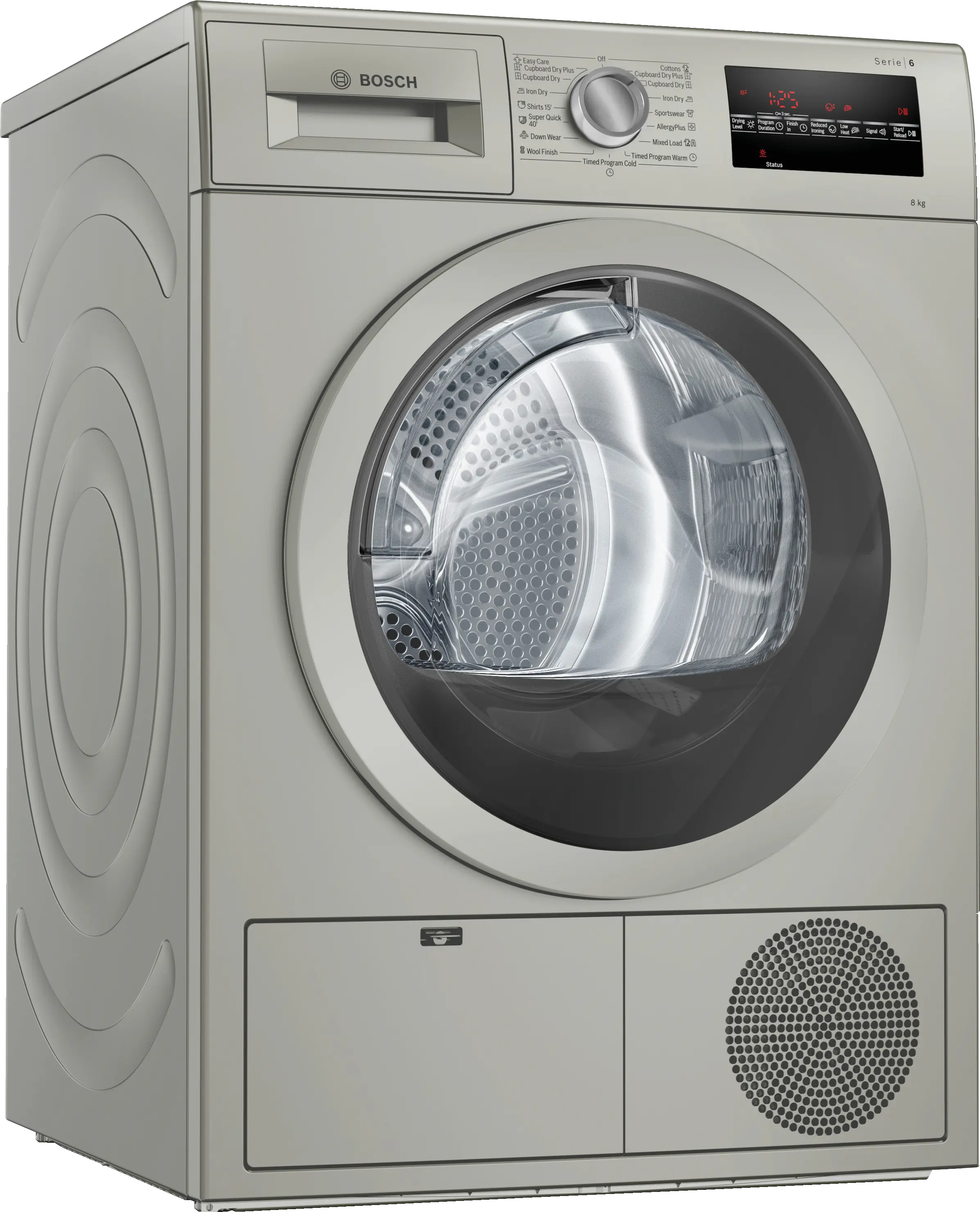 Bosch WTG8641XME condenser tumble dryer in silver inox - front view