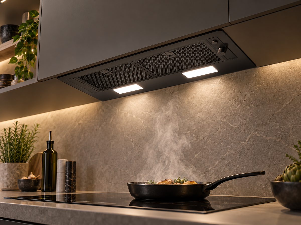 Elica ERA S BL/A/72 built-in hood in a moody modern kitchen above a steaming cooktop