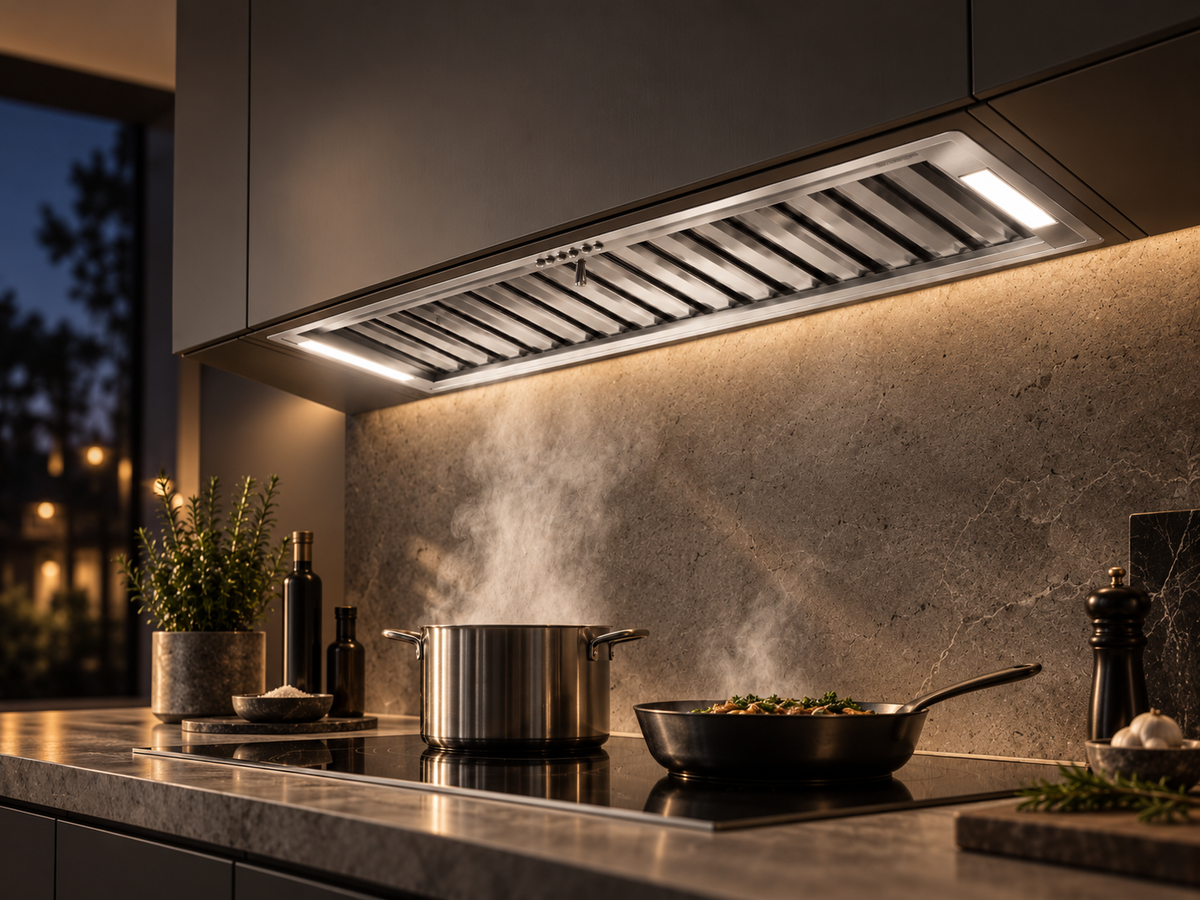 Elica CT35 PRO IX/A/120 built-in hood in a warm modern kitchen with a steaming stockpot