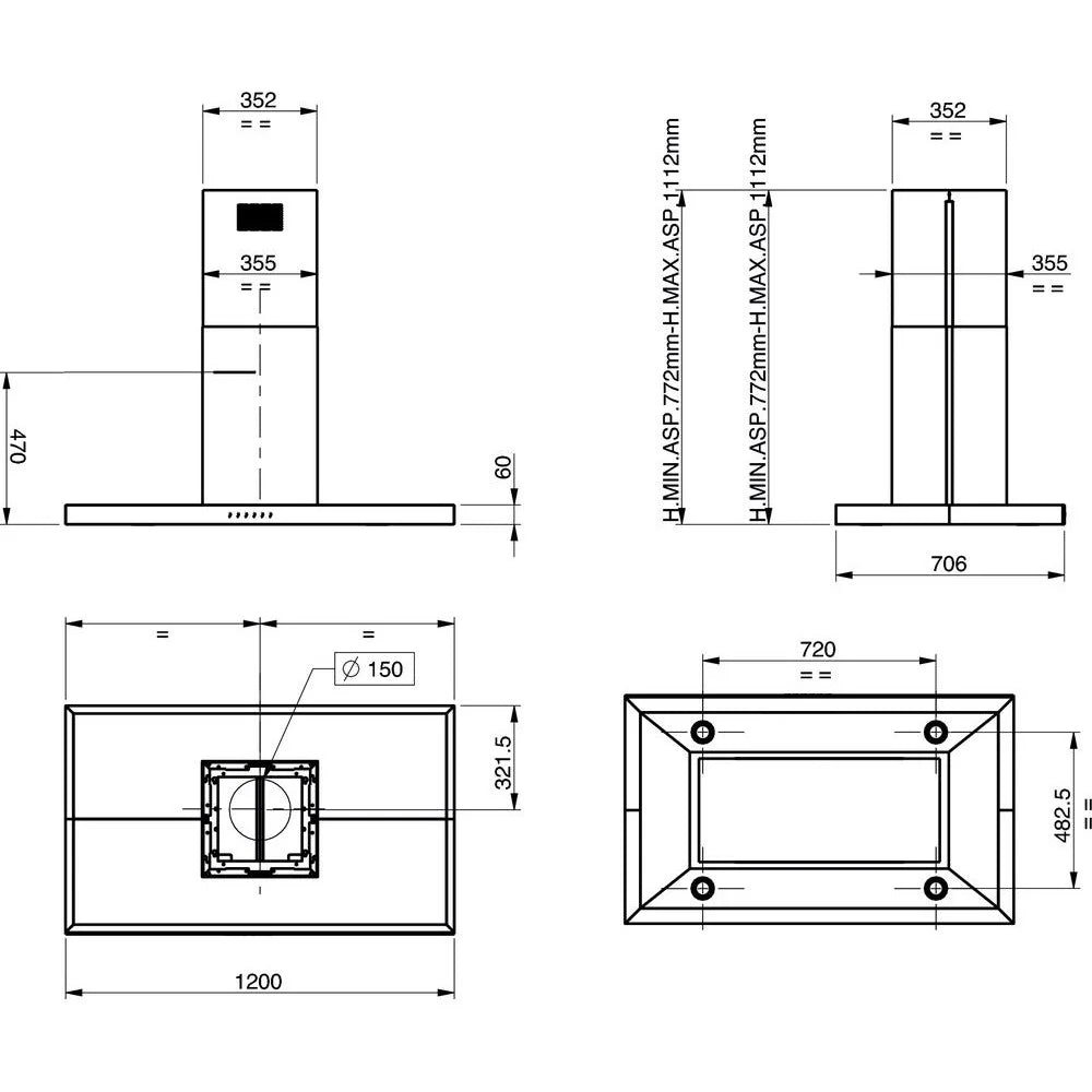 KitchenAID KEIPP 12020 Island Hood Technical drawing with dimensions of a rectangular object
