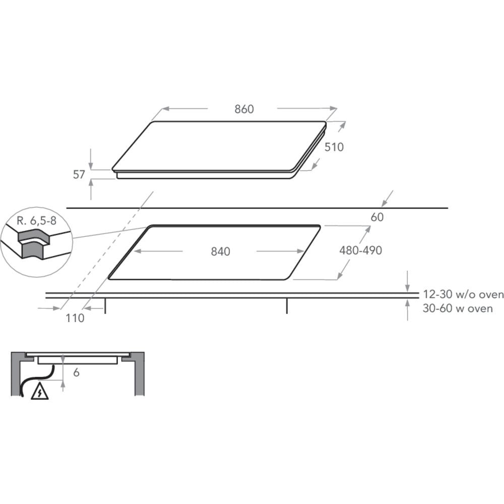 KitchenAid KHIAF 10900 90cm Built-In Induction Hob — Black Glass Ixellium Technical drawing of Kitchenaid hood with dimensions on a white background