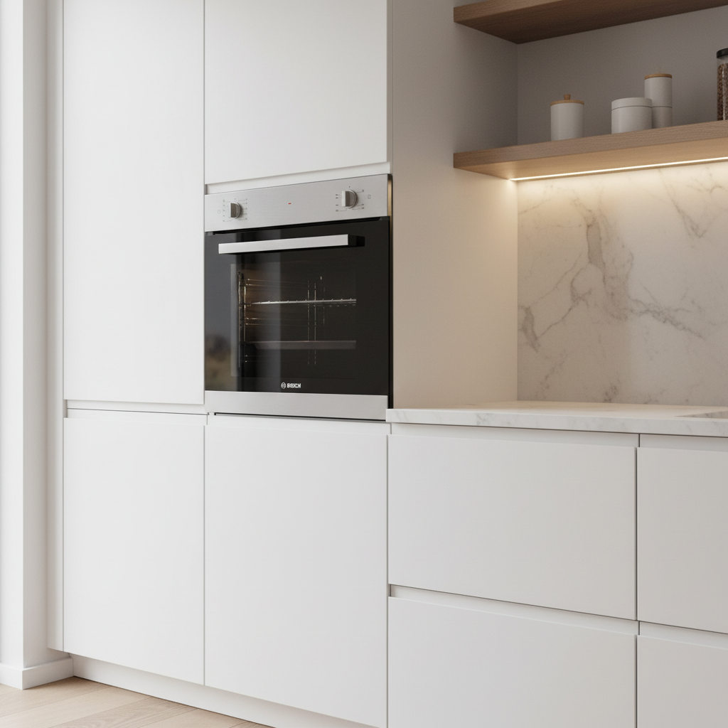 Bosch HGL10E150 Gas Oven in Modern kitchen with white cabinets, and marble backsplash.