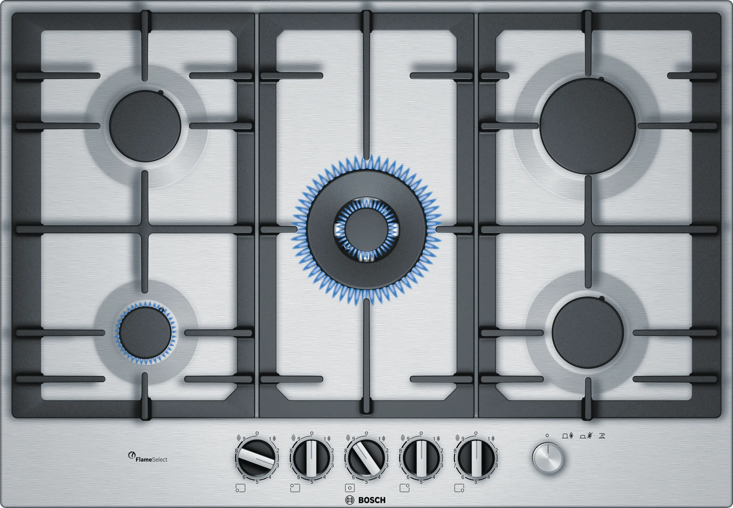 Bosch PCQ7A5M90 Series 6 Gas Hob 75CM Wok Burner 3.3kW Wok Burner FlameSelect Precision