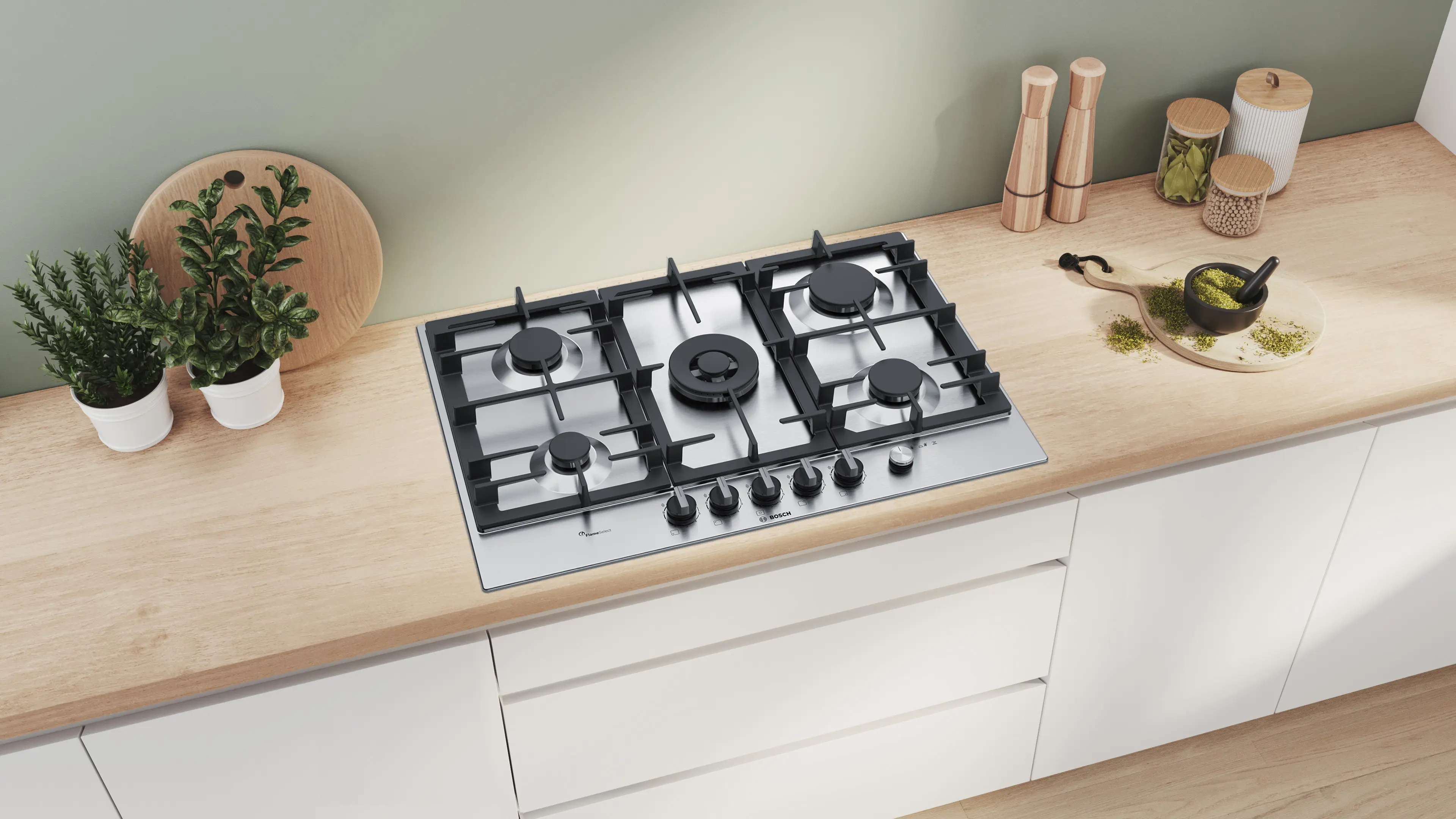Bosch PCQ7A5M90 Series 6 Gas Hob 75CM Wok Burner 3.3kW Wok Burner FlameSelect Precision