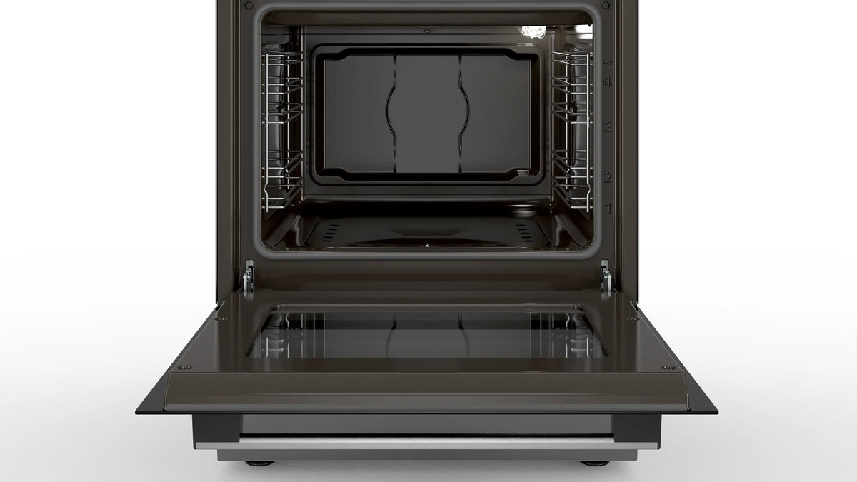 Bosch HGB330E51Q stainless steel freestanding gas cooker 60 cm angled product view with gas hob and oven