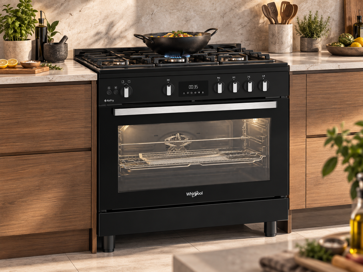 Whirlpool WR90 GGF 33229 BNA black freestanding cooker lifestyle kitchen view