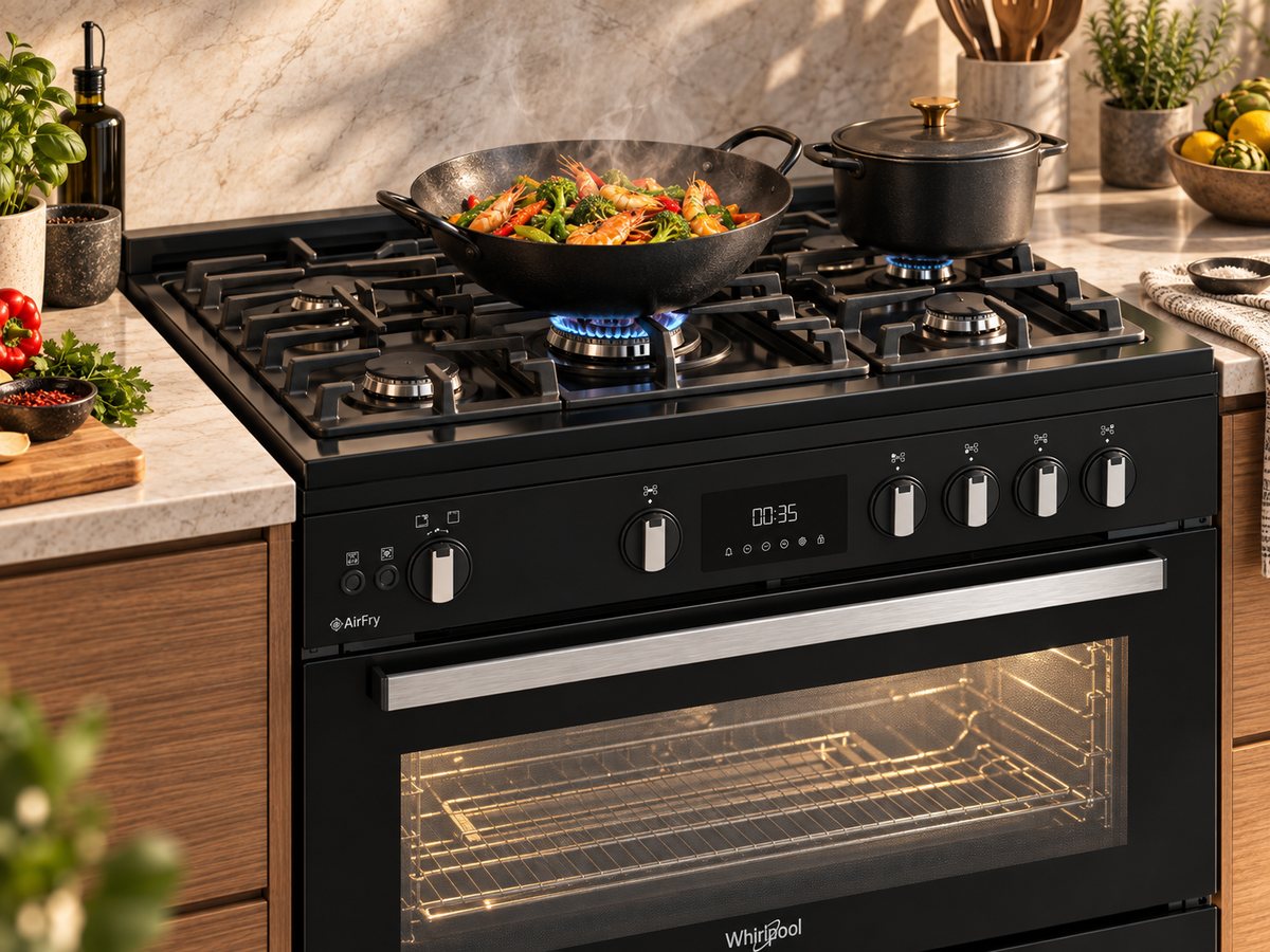 Whirlpool WR90 GGF 33229 BNA fan-assisted gas oven lifestyle cooking view