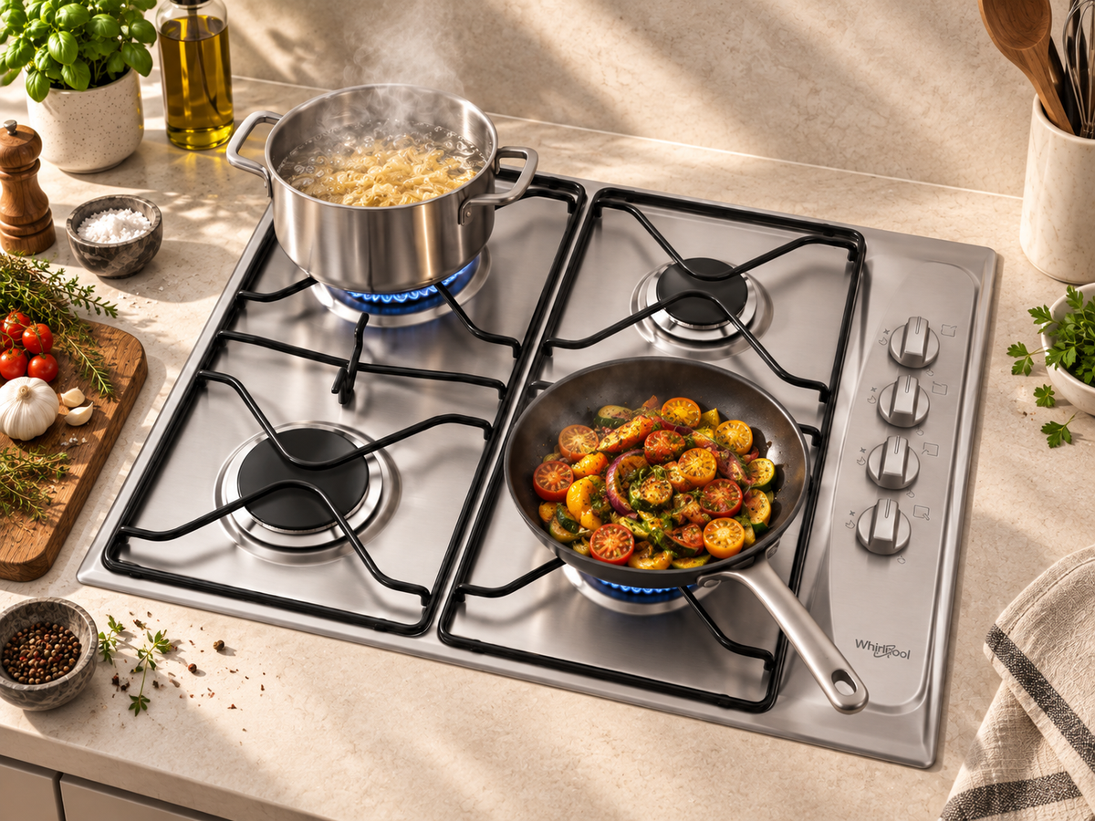 Whirlpool AKM 268/IX Inox gas hob with four burners, showing a pot of pasta boiling and a frying pan with mixed sautéed vegetables on a warm kitchen counter.