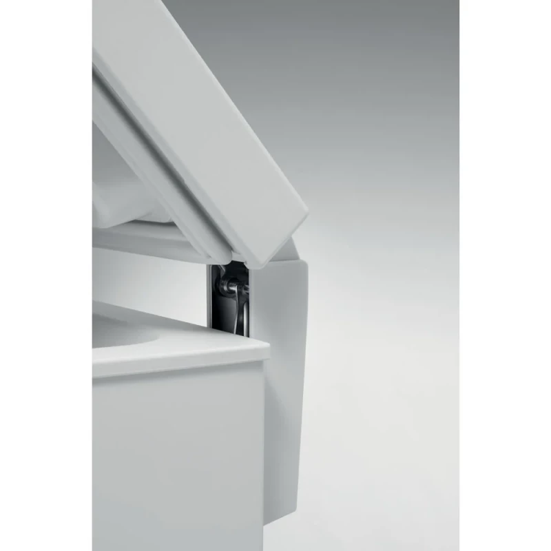 Close-up of a white Whirlpool Chest Freezer with a hinge on a light gray background