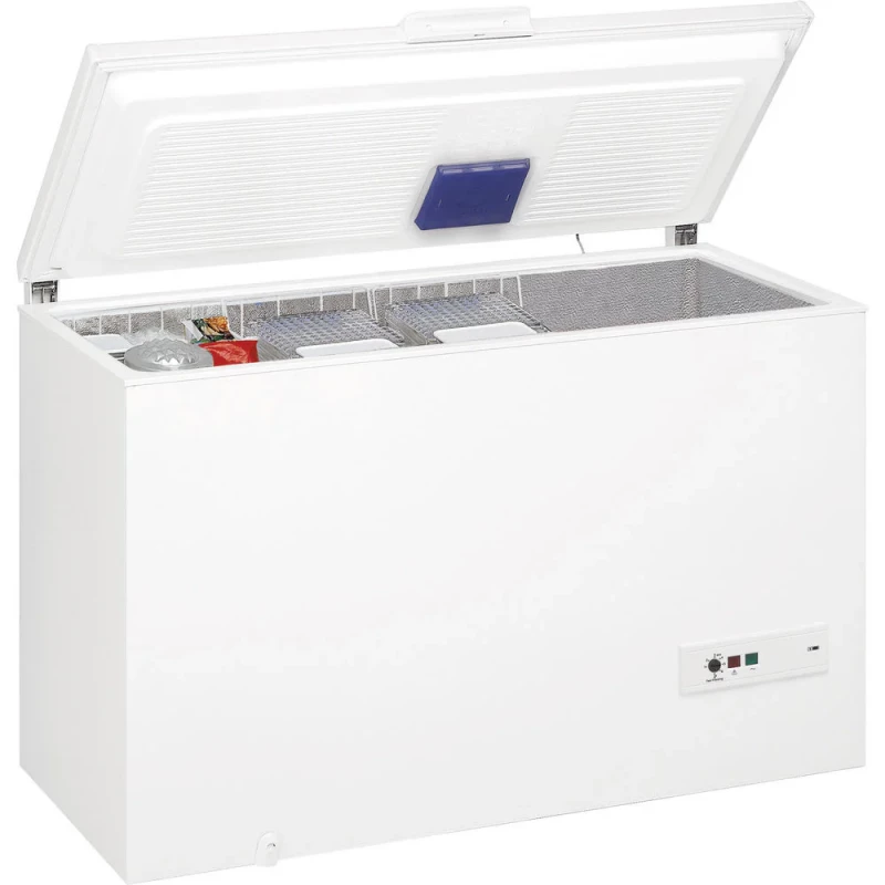 White Whirlpool chest freezer with open lid on a white background