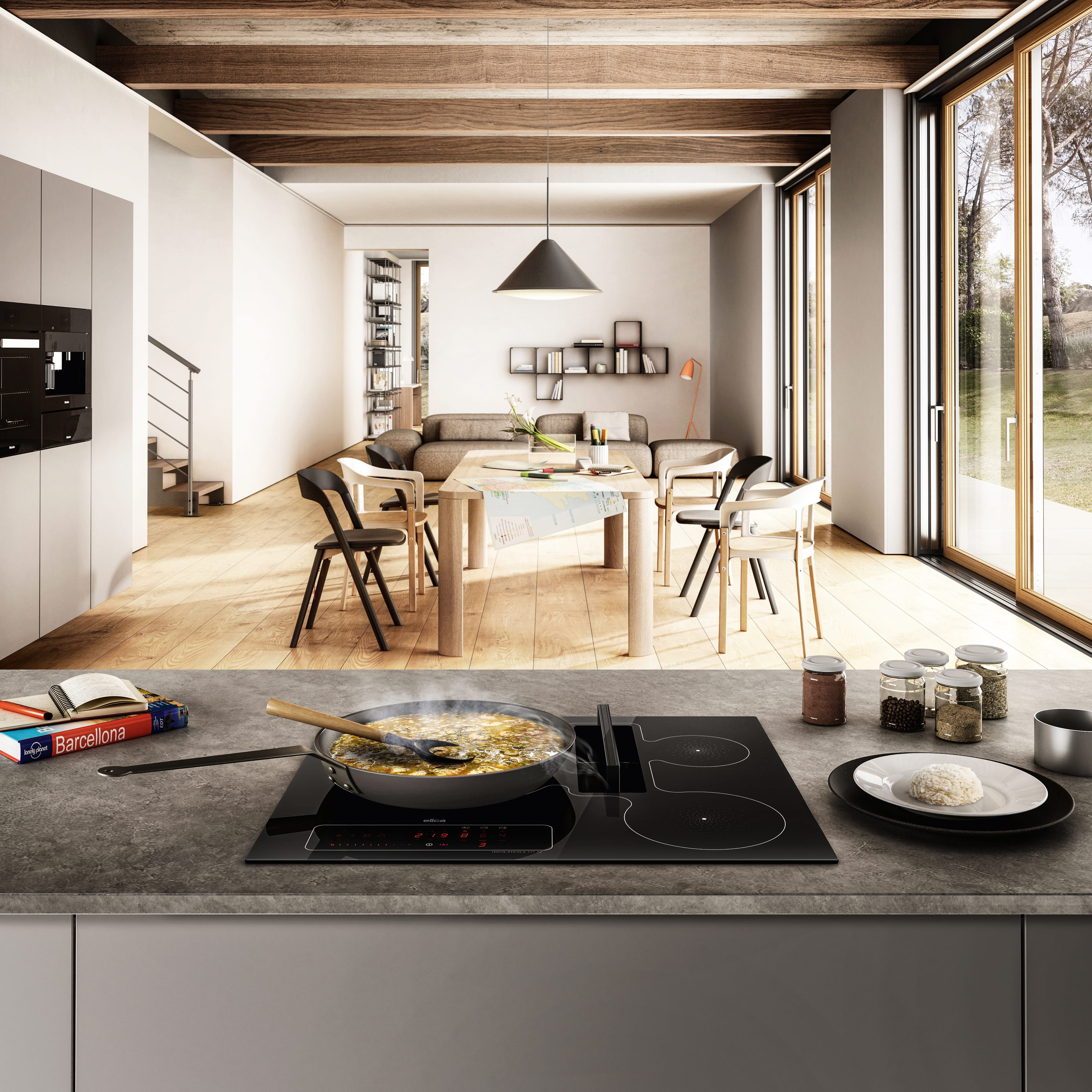 Elica NIKOLATESLA FIT 3Z kitchen island installation view for the 60cm induction hob with integrated extractor in black glass.