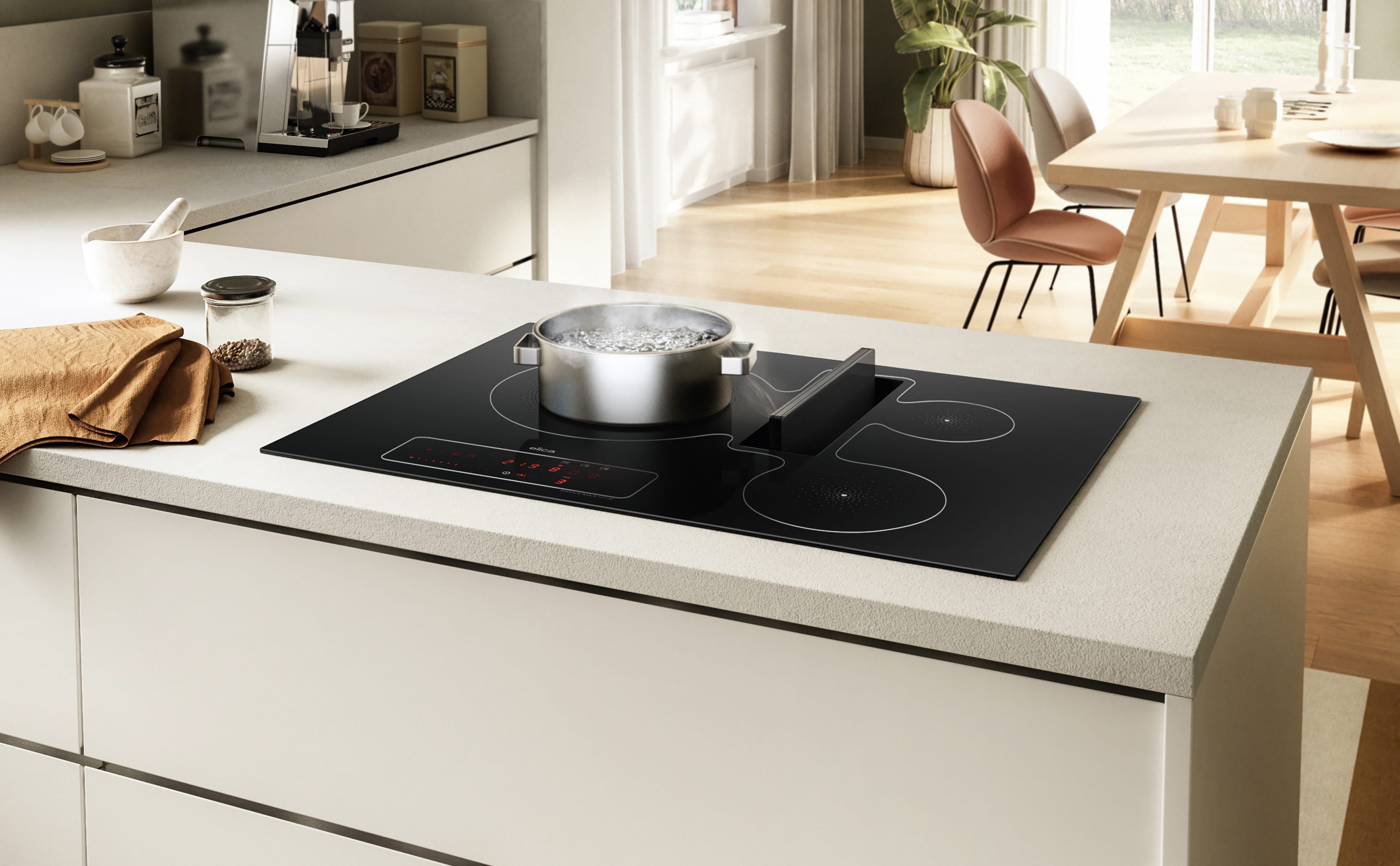 Elica NIKOLATESLA FIT 3Z minimal kitchen lifestyle view for the 60cm induction hob with integrated extractor in black glass.