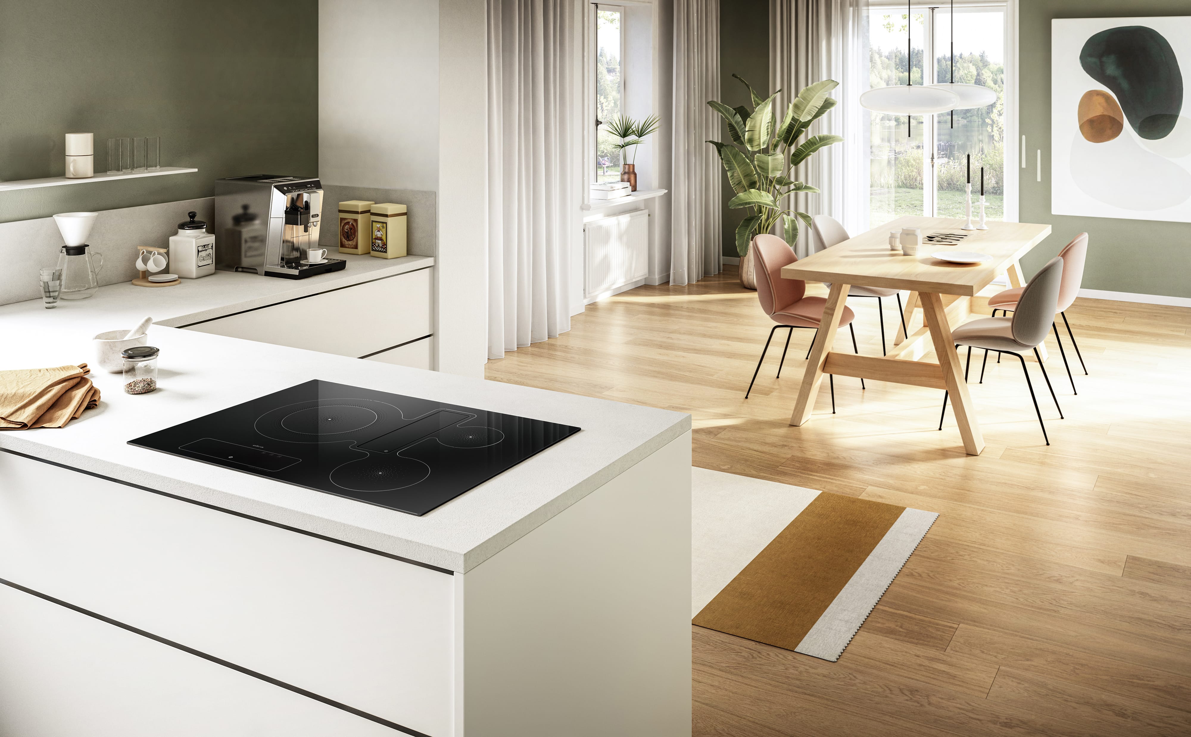 Elica NIKOLATESLA FIT 3Z gallery view of the black glass induction surface for the 60cm induction hob with integrated extractor in black glass.