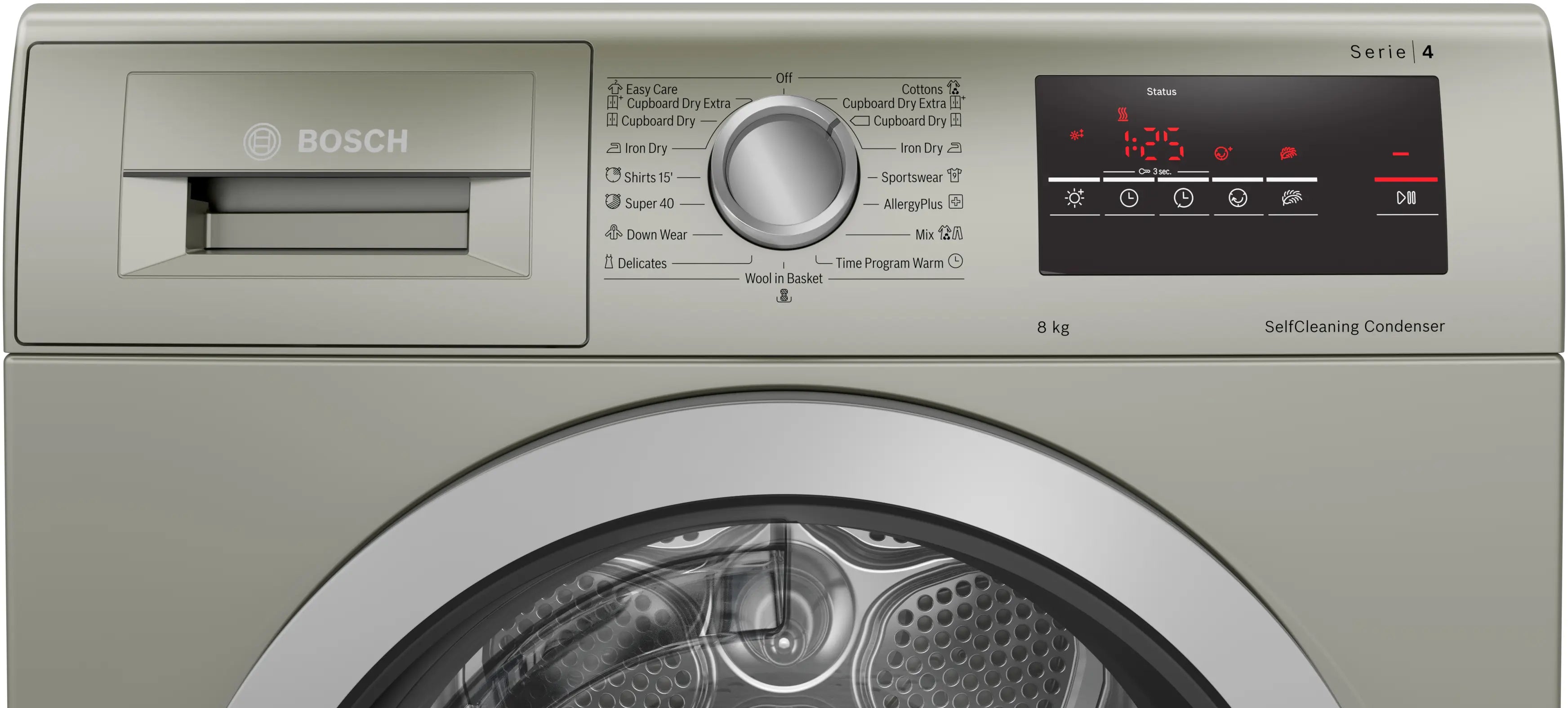 Bosch WTN8543SME condenser tumble dryer in silver inox - angled front view