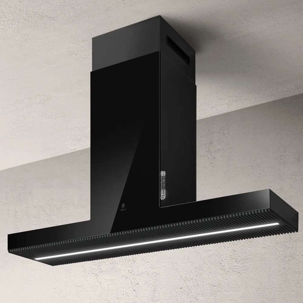 Elica HAIKU ISLAND BL/A/12 120cm hood in black glass at Tahboub Appliances Jordan