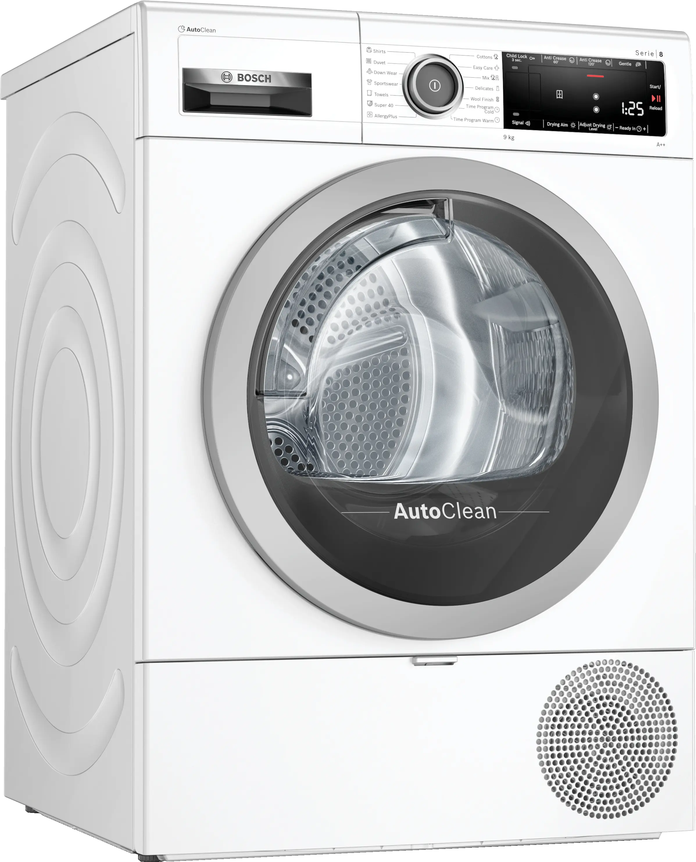 Bosch WTX87M90ME heat pump tumble dryer in white - front view