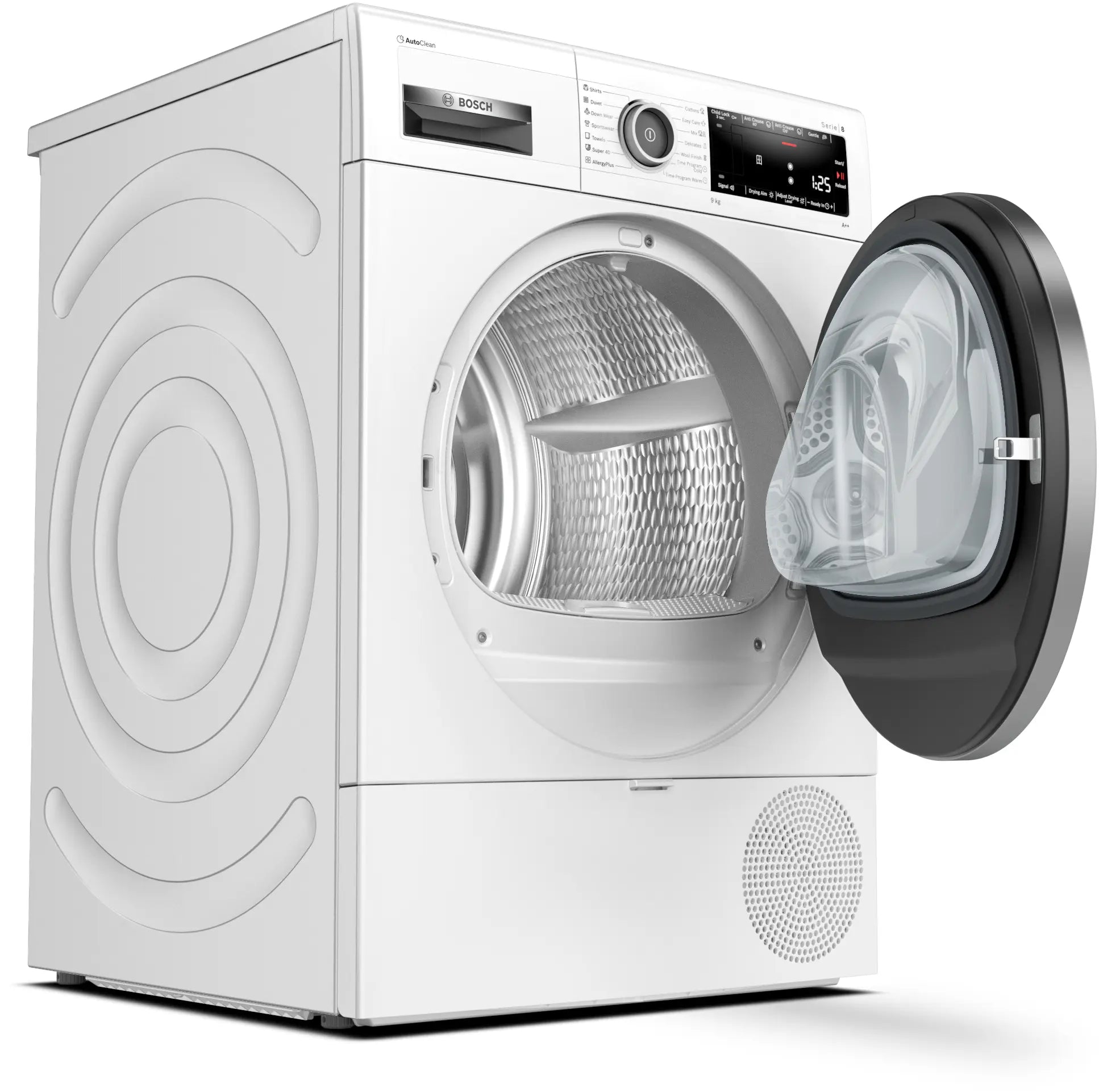 Bosch WTX87M90ME heat pump tumble dryer in white - product detail view