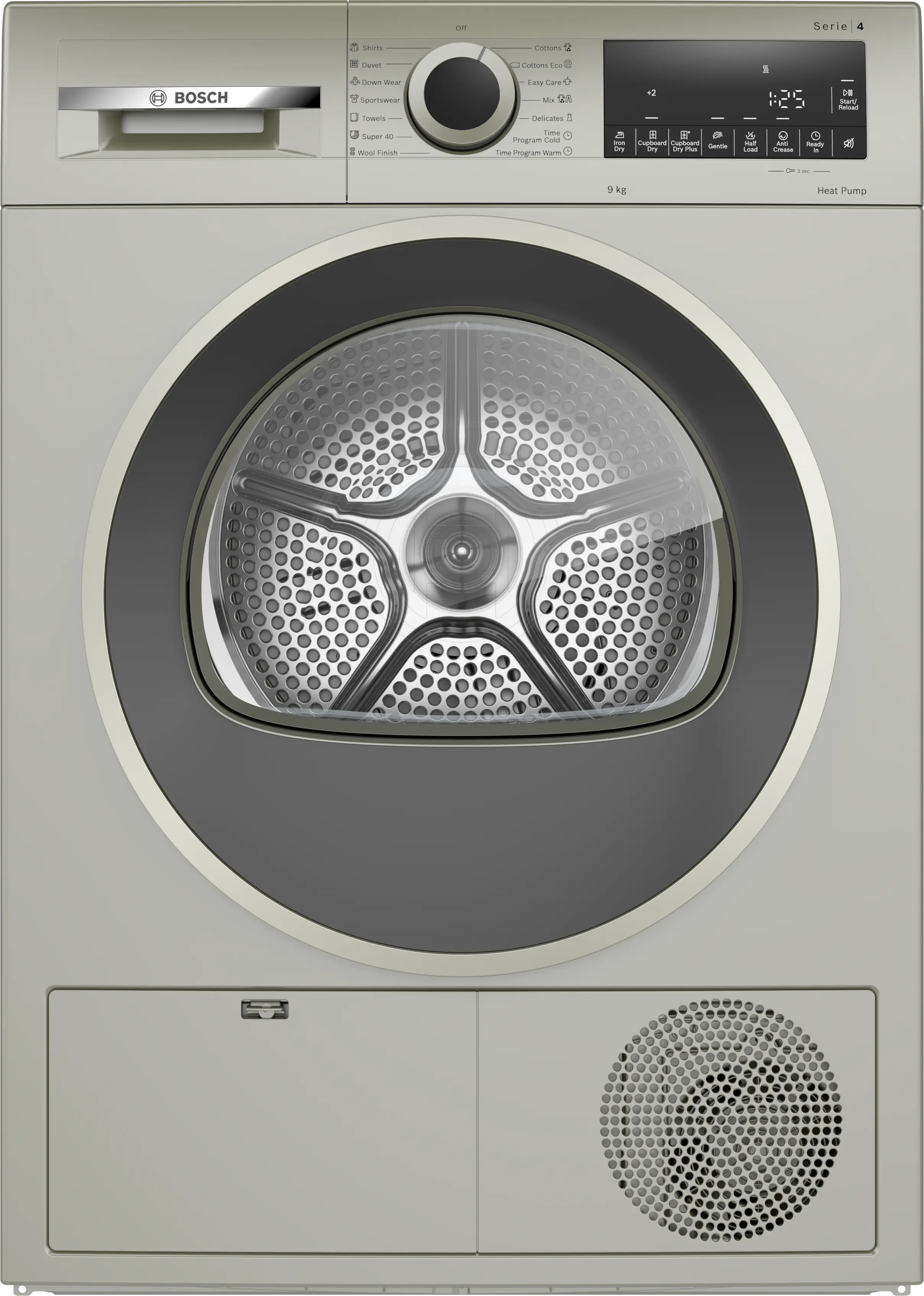 Bosch WQG1420XME heat pump tumble dryer in silver inox - front view