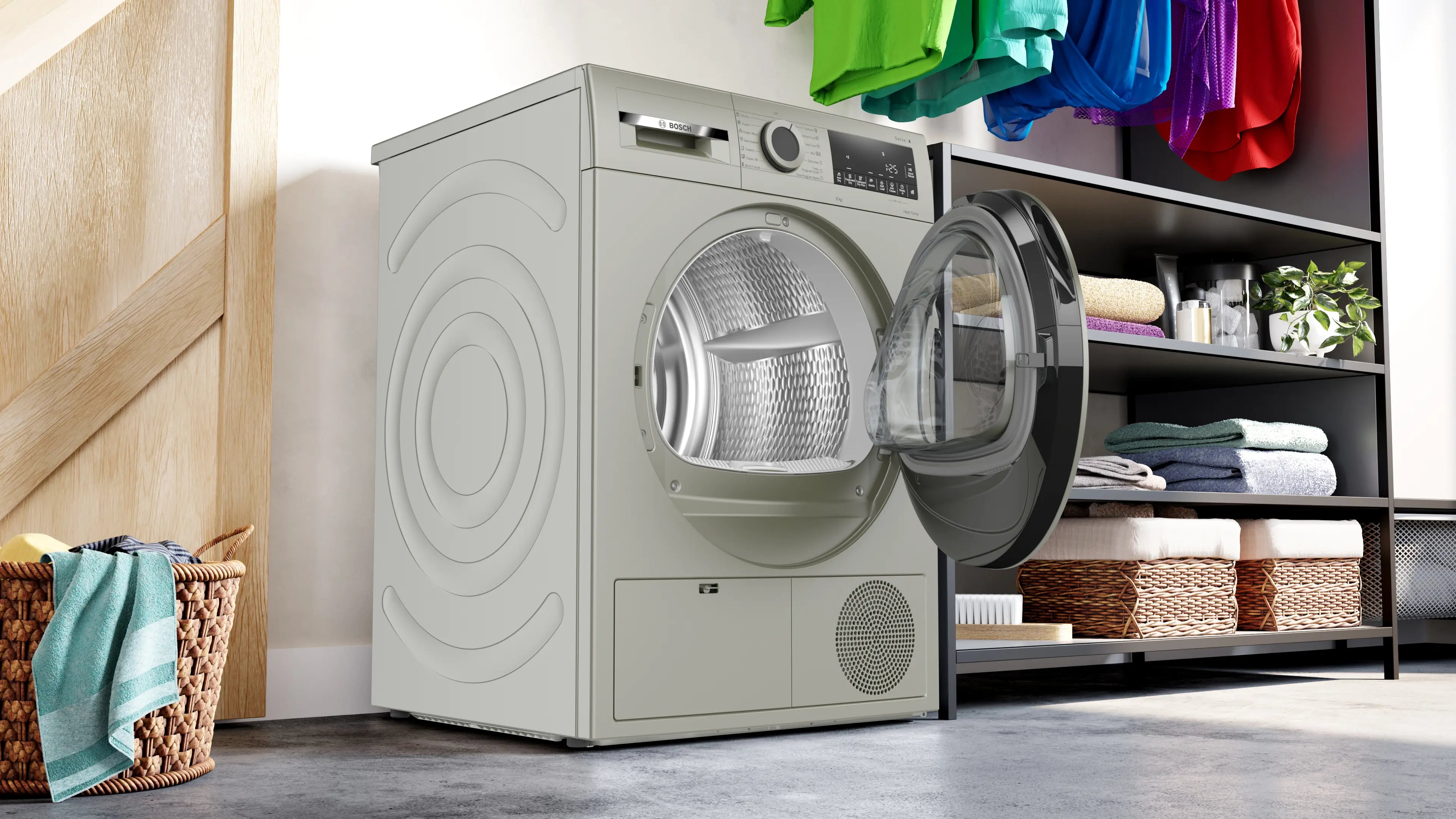 Bosch WQG1420XME heat pump tumble dryer in silver inox - product detail view
