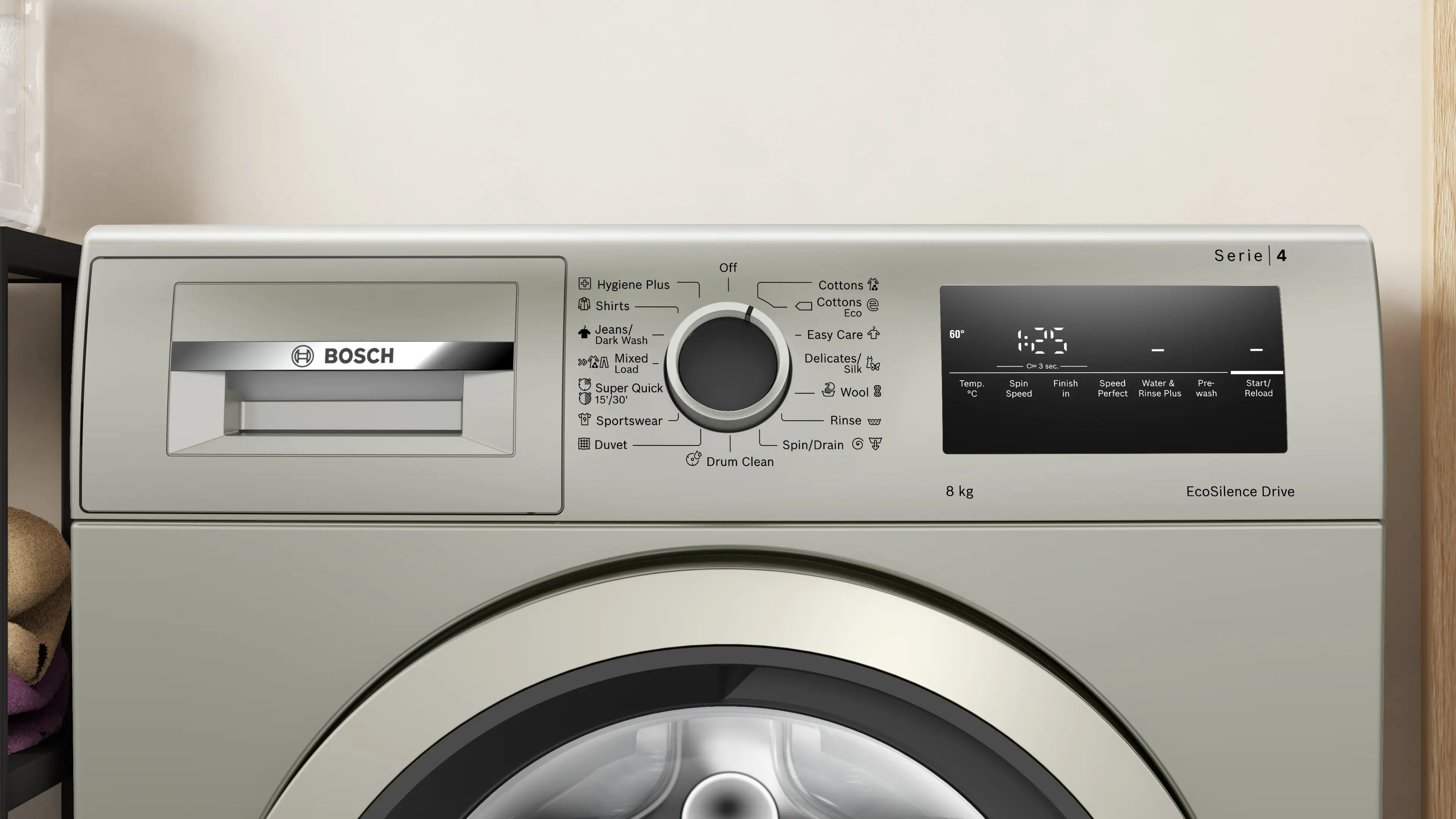 Bosch WAN2420XME front-loading washing machine in silver inox - angled front view