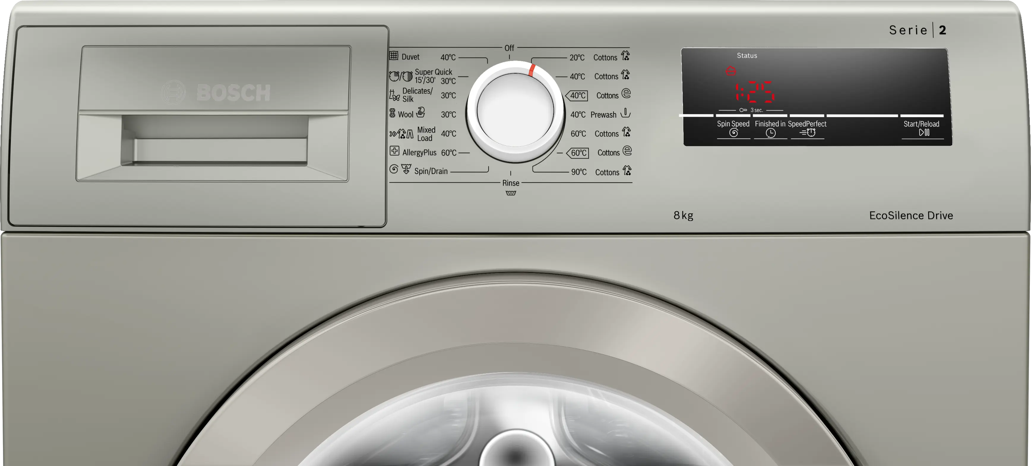Bosch WAJ2018SME front-loading washing machine in silver inox - side view