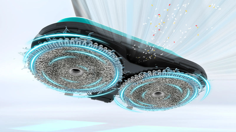 DynamicAqua twin spinning pads sweeping debris under the BCS71HYG1 mop head.
