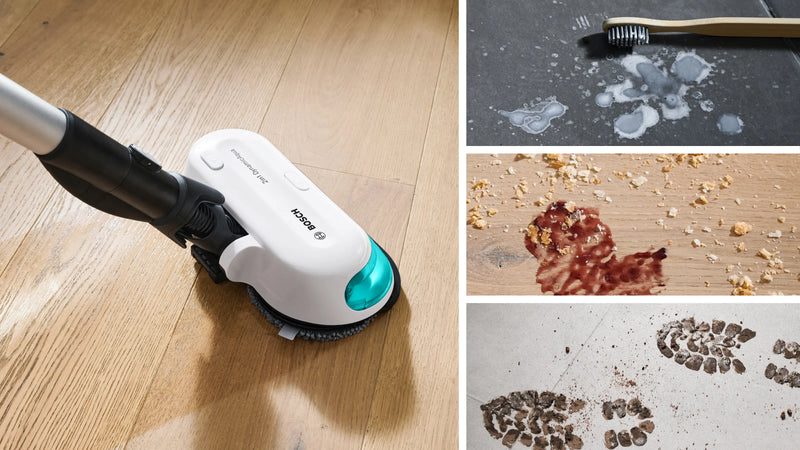 DynamicAqua mop tackling wet splashes, food stains and muddy footprints on different floors.