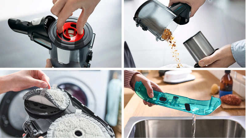 Easy maintenance—RotationClean filter, one-touch bin emptying, pad removal and tank rinse.