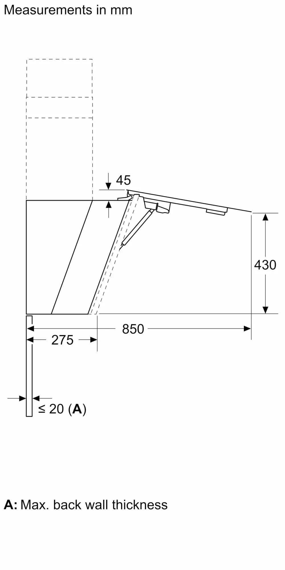 Bosch DWK91LT65 inclined cooker hood side-view installation diagram with chimney