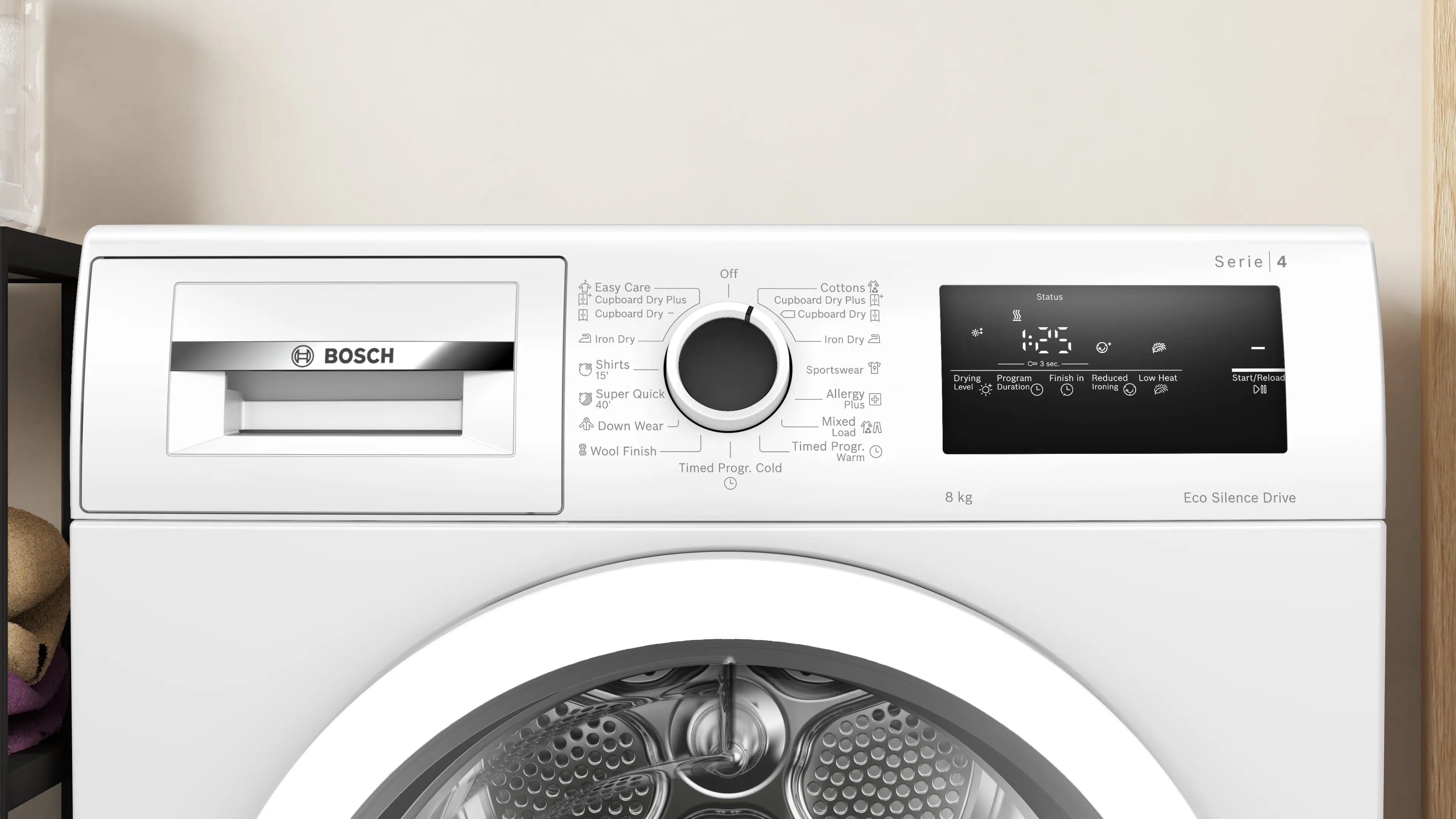 Bosch WTN86201ME condenser tumble dryer in white - angled front view