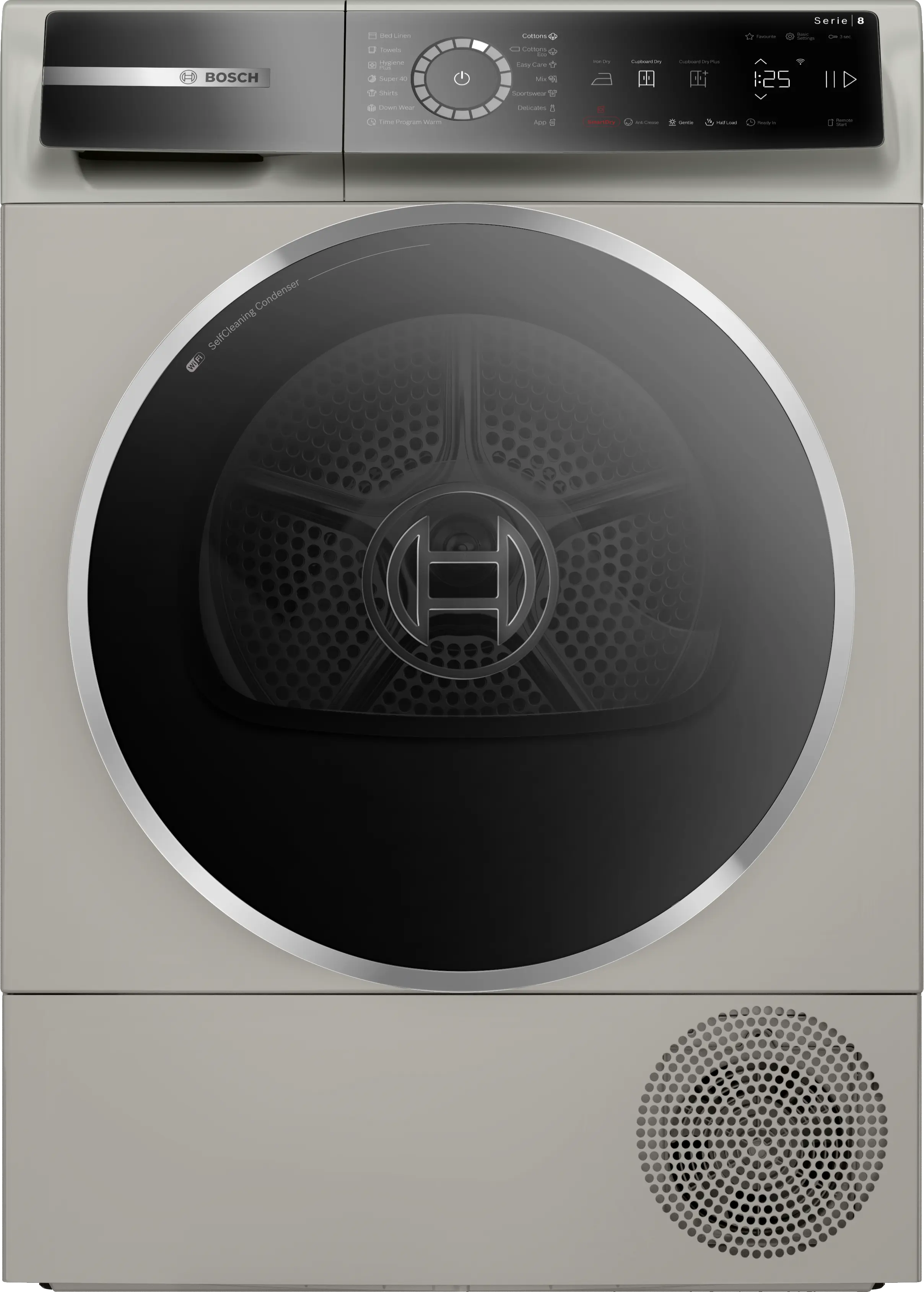 Bosch WQB245BXME heat pump tumble dryer in silver inox - front view