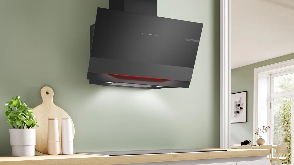 Bosch DWK91LT65 Series 8 black glass inclined cooker hood product gallery view